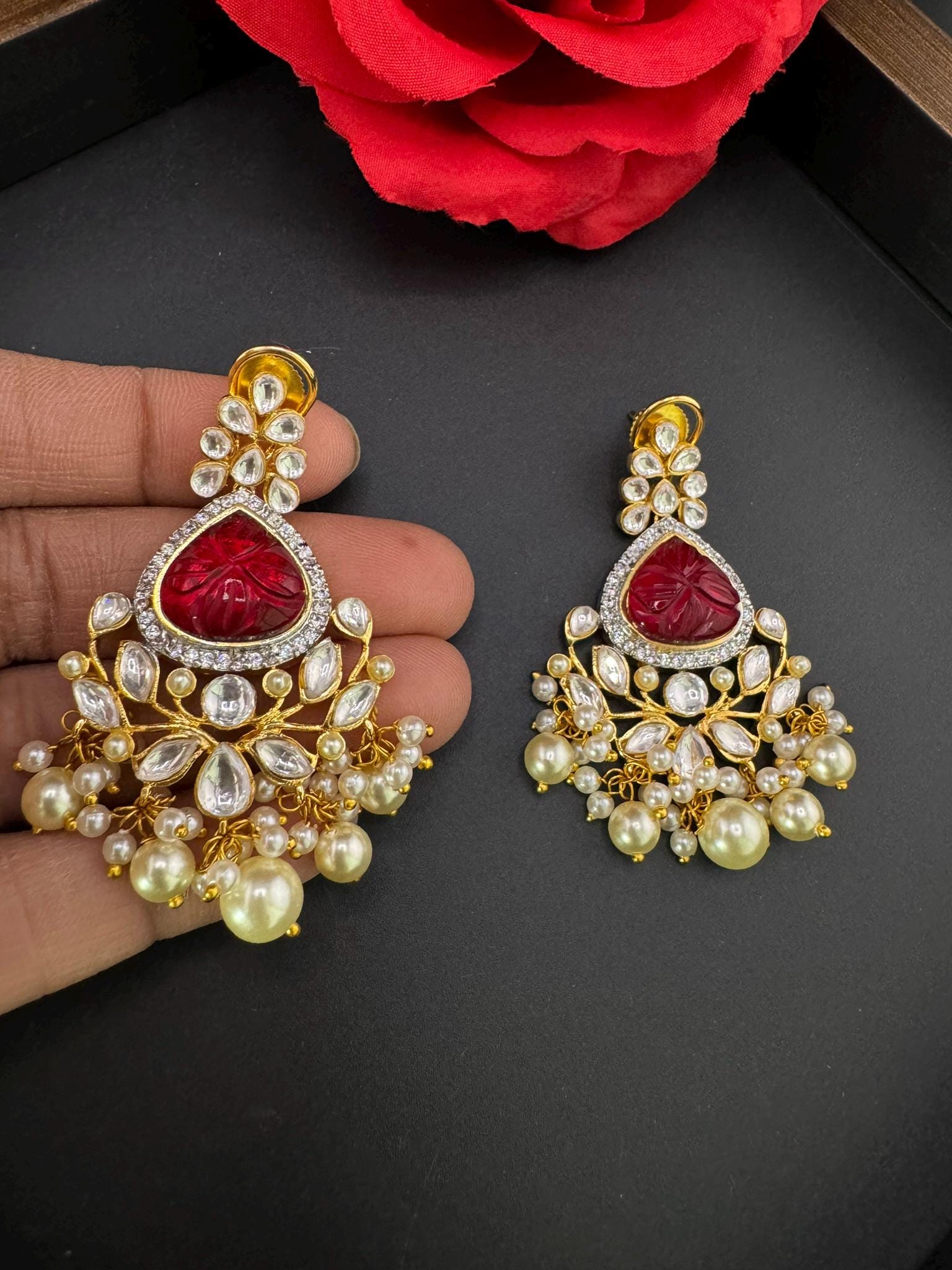 Premium Moissanite Kundan with Carved stones, CZ, Pearls designer Long Chandelier earrings