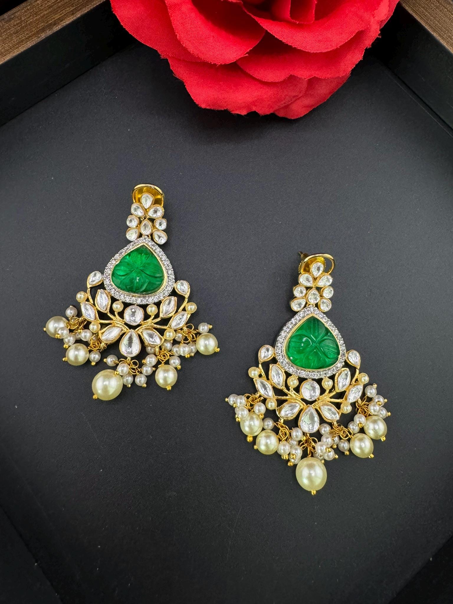 Premium Moissanite Kundan with Carved stones, CZ, Pearls designer Long Chandelier earrings