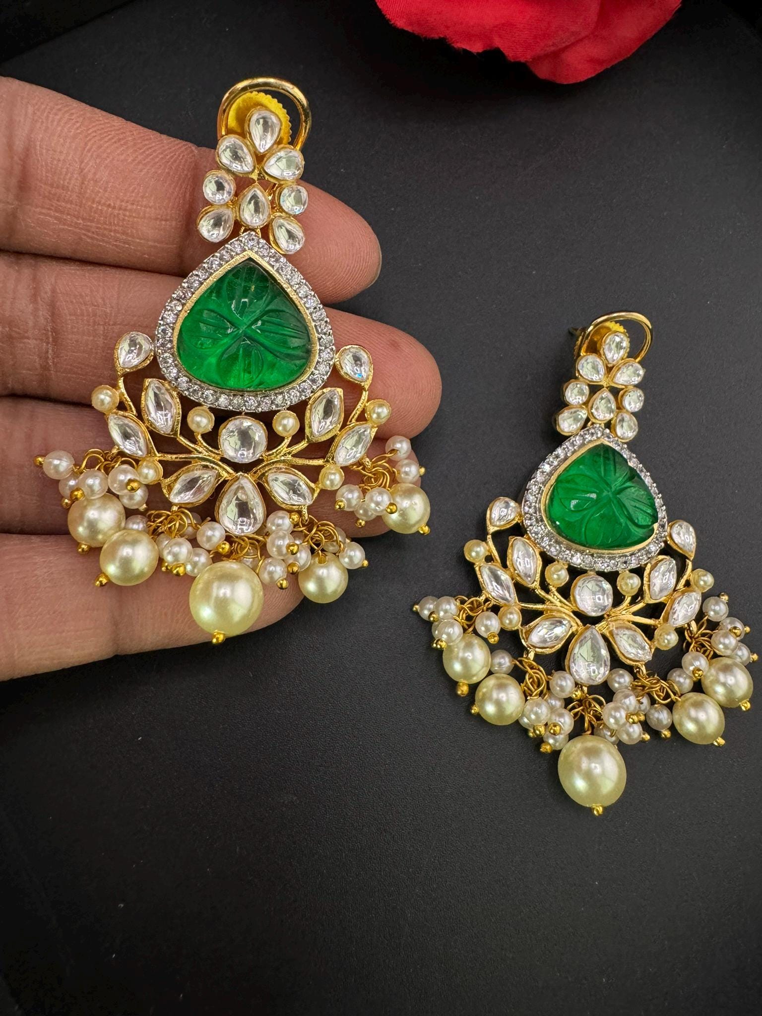 Premium Moissanite Kundan with Carved stones, CZ, Pearls designer Long Chandelier earrings