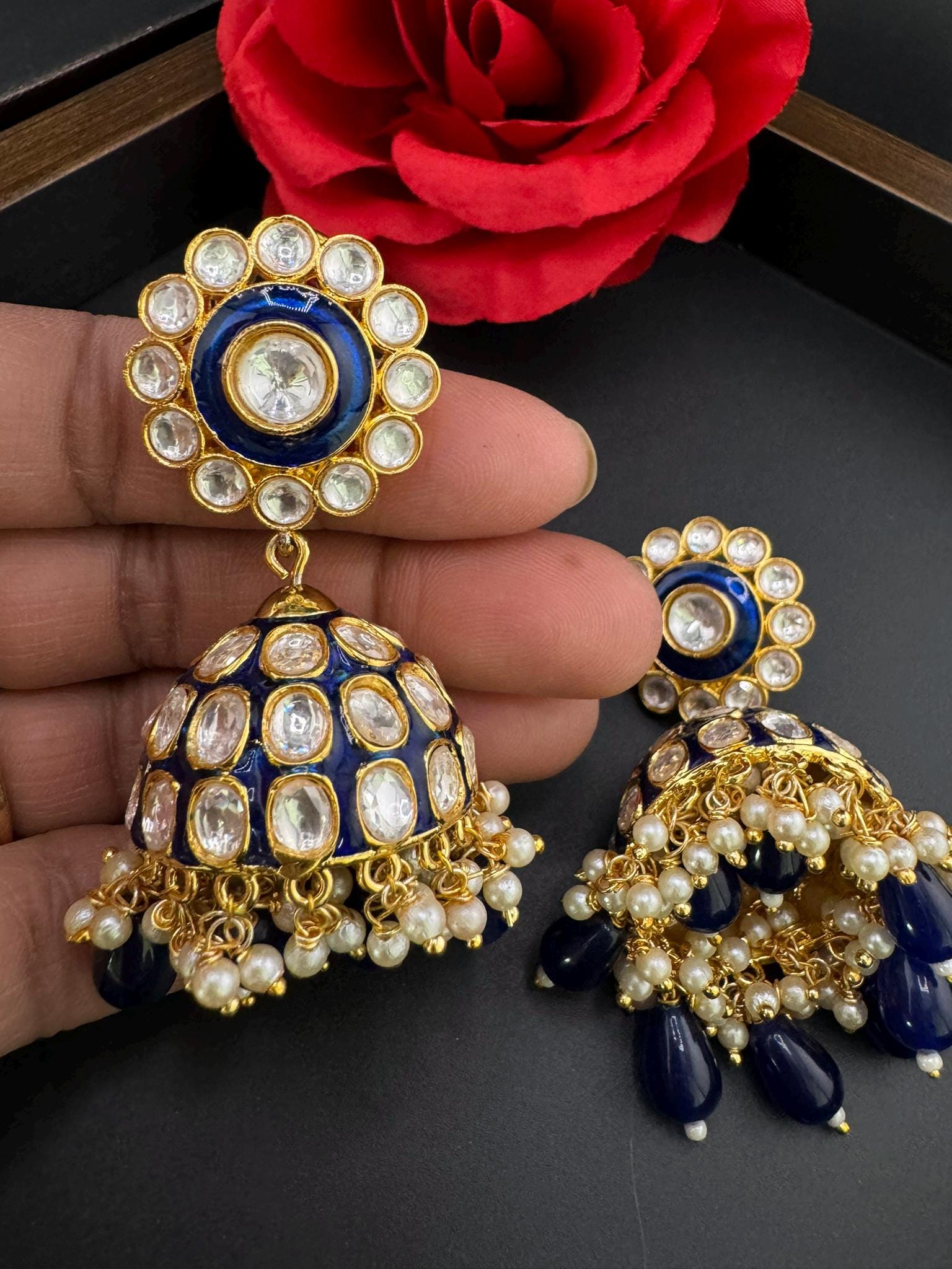 Premium Uncut Moissanite kundan, Tyaani kundan, Blue Enamel, Pearls is Tyaani inspired designer earring/Indian earring/Bridal Jewelry/Jhumka
