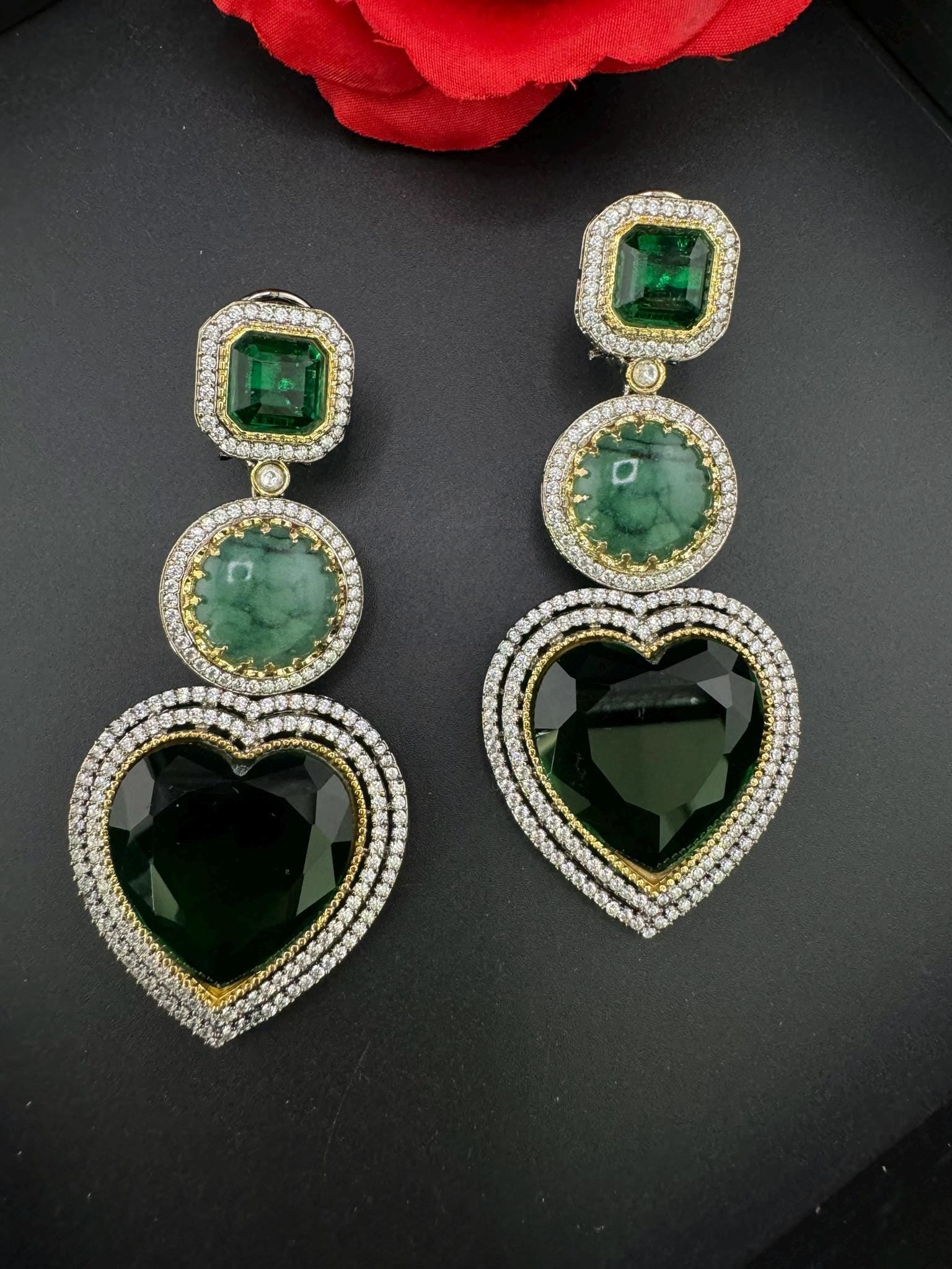 Premium Unique Heart long earrings in Glass stones, CZ details is Sabyasachi Inspired designer Long Statement earring/Bridal Jewelry/Love