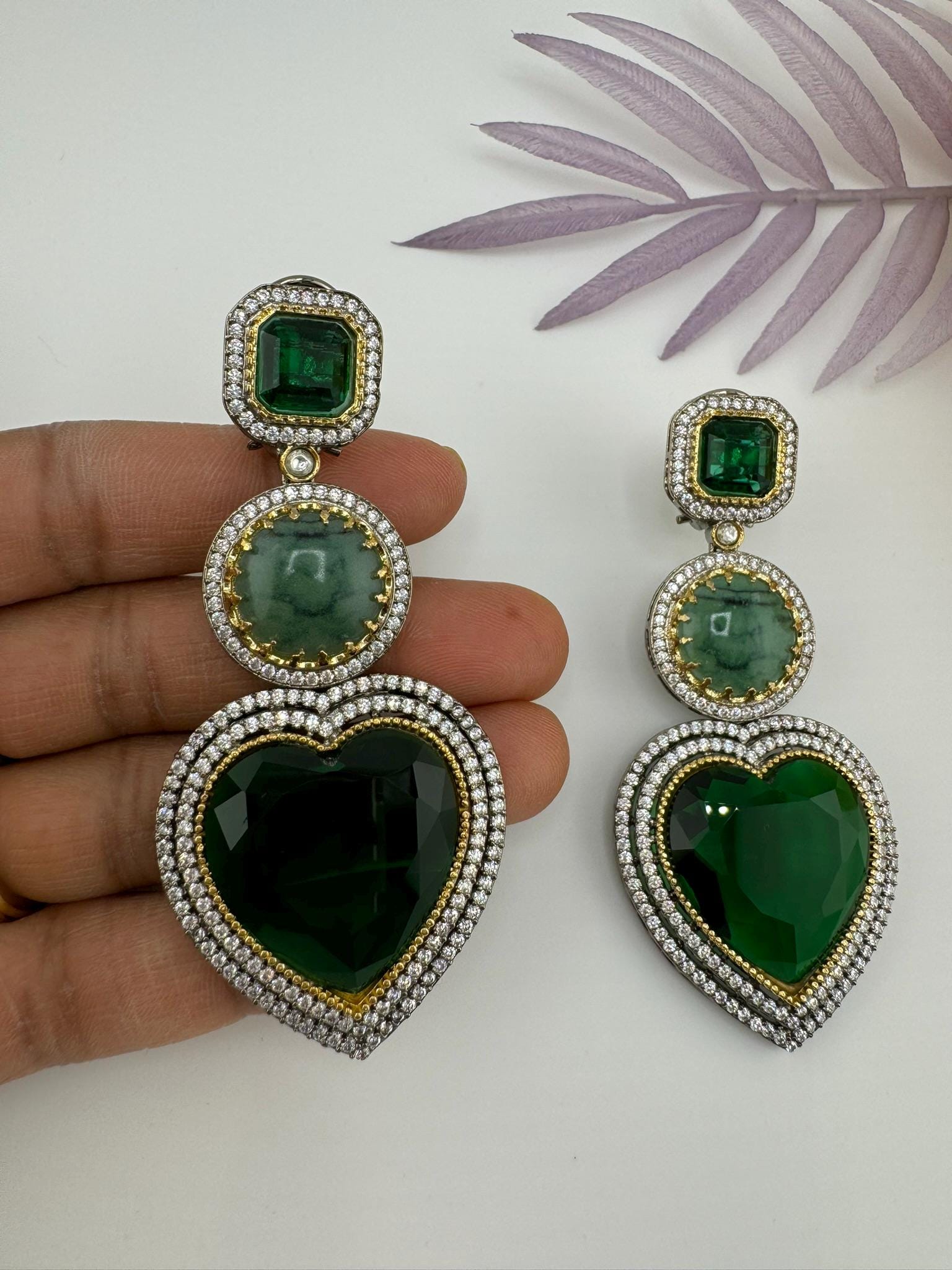 Premium Unique Heart long earrings in Glass stones, CZ details is Sabyasachi Inspired designer Long Statement earring/Bridal Jewelry/Love