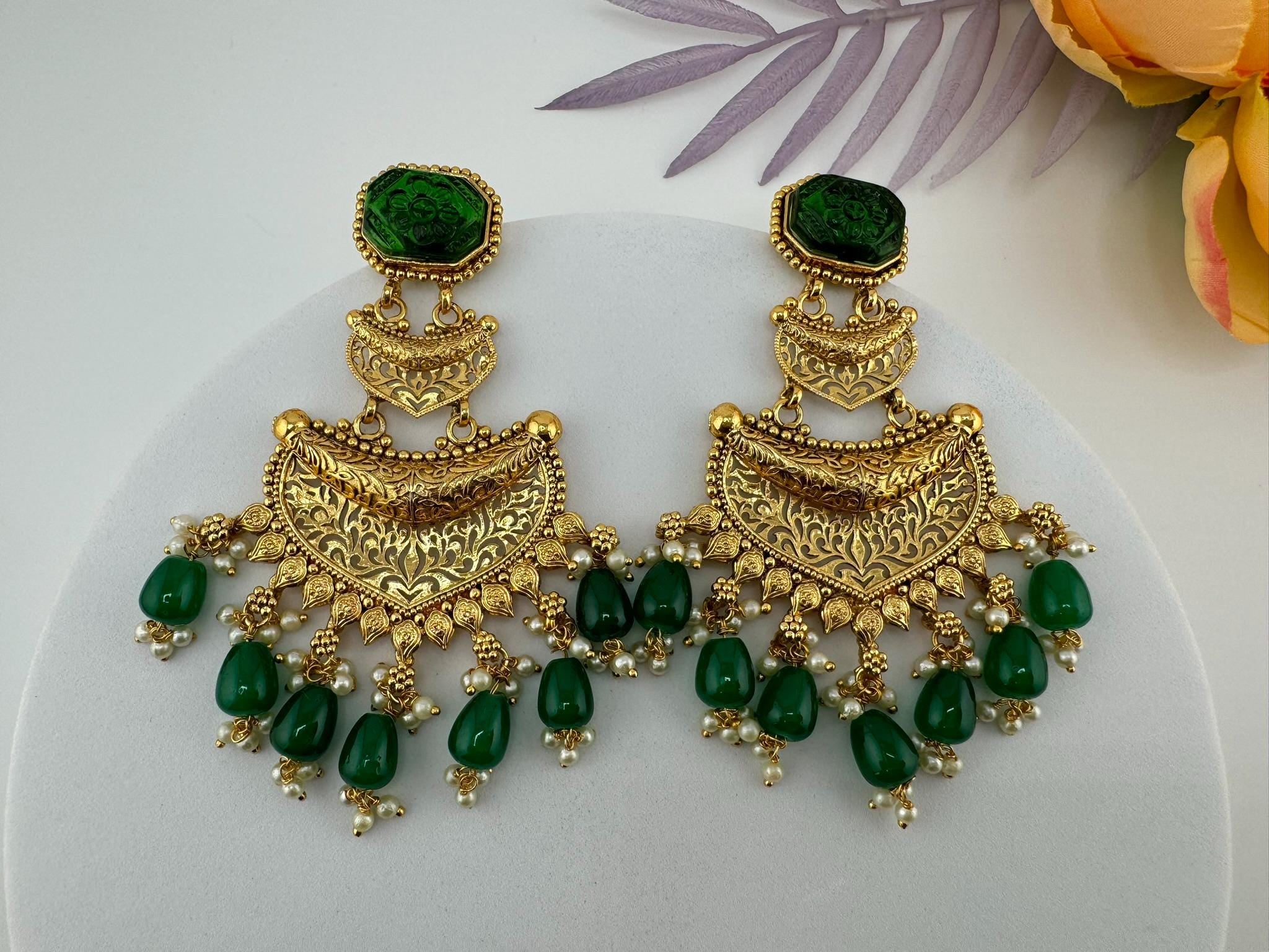 Premium Green Carved stone, Motifs in Gold and Pearls details is Amrapali inspired designer earring/Indian Statement earring/Bridal Jewelry