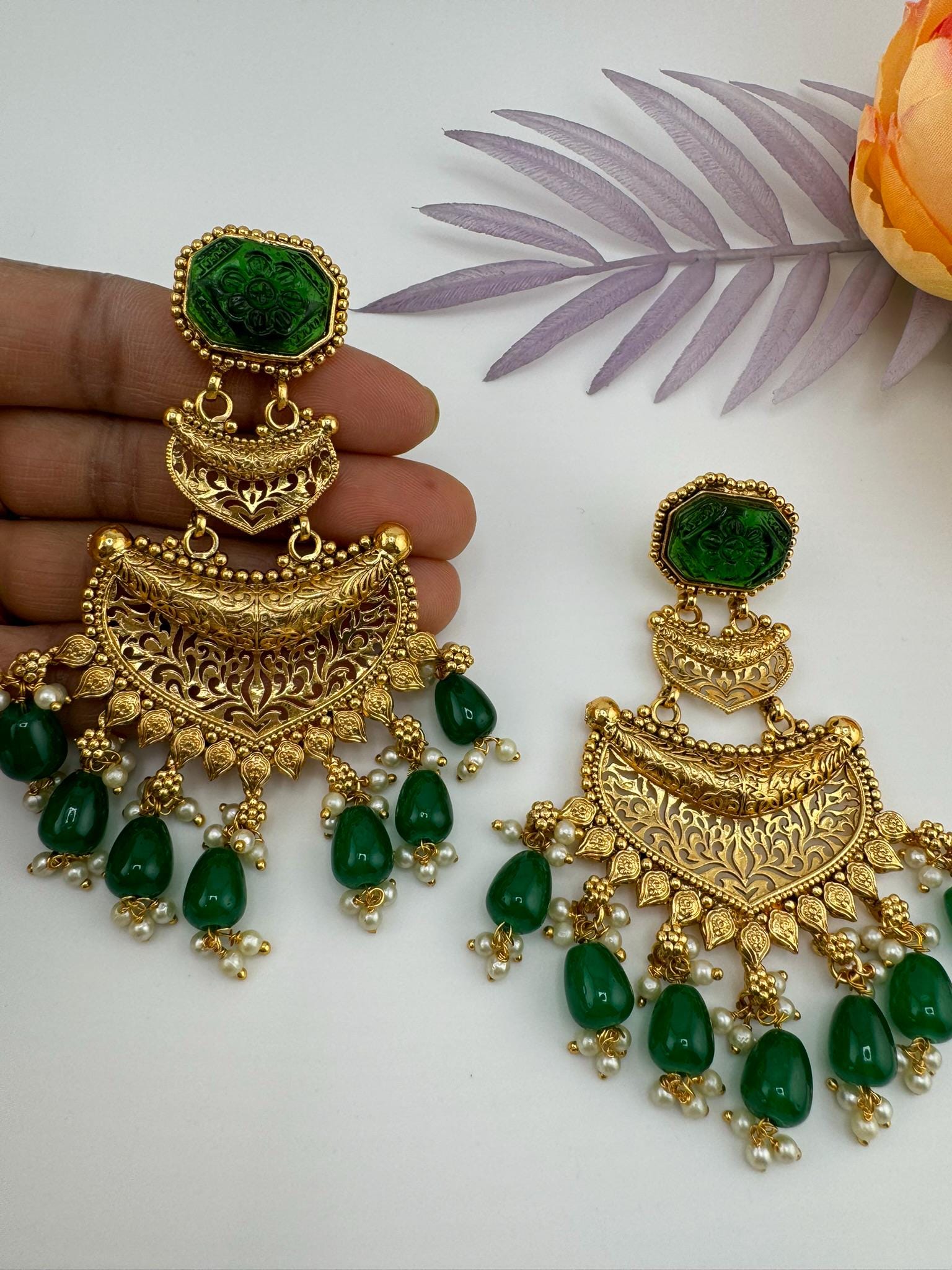 Premium Green Carved stone, Motifs in Gold and Pearls details is Amrapali inspired designer earring/Indian Statement earring/Bridal Jewelry