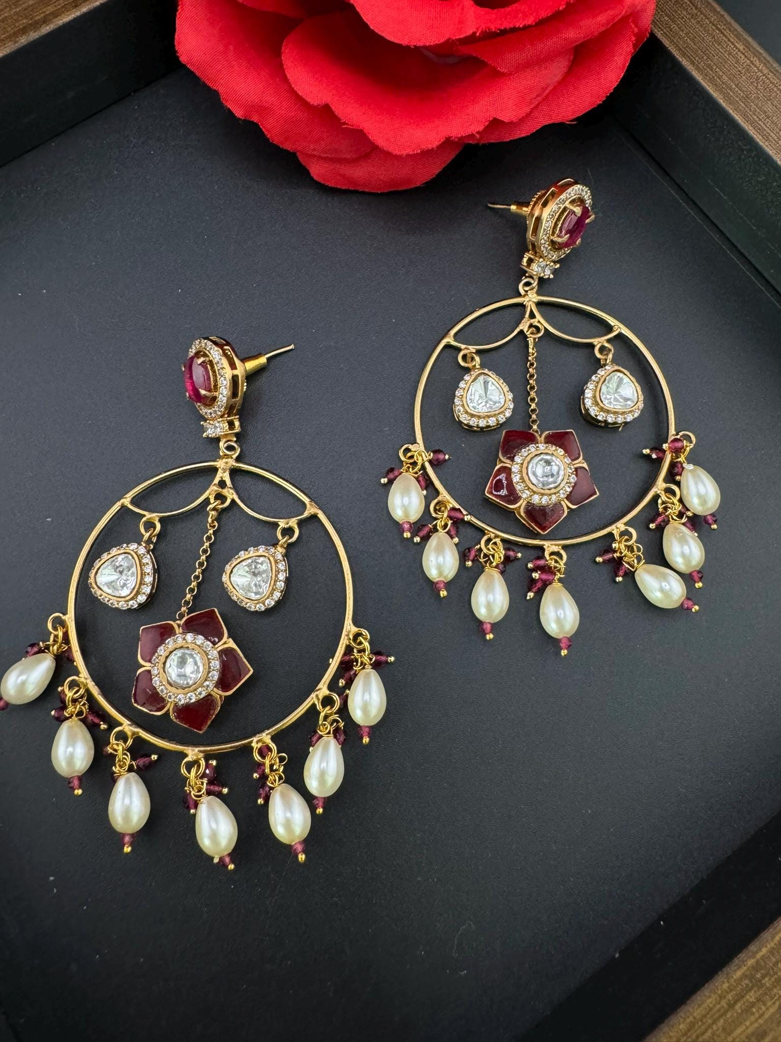 Premium Pachi Kundan Dangler with uncut kundan, Pearls hoop is Amrapali inspired designer earring/Indian Statement earring/Bridal Jewelry