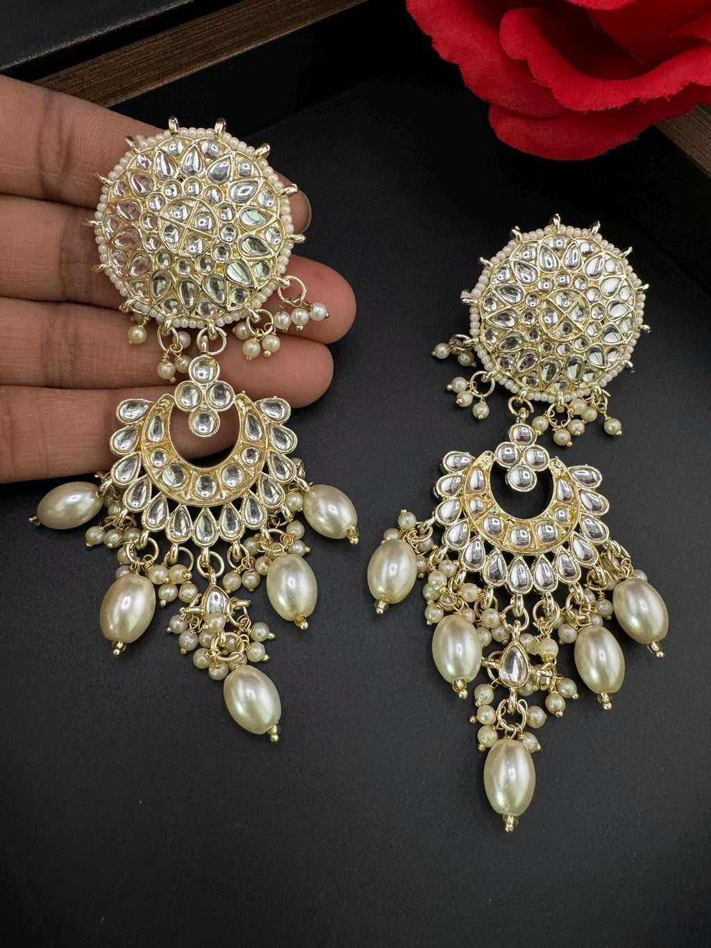 Uncut Kundan Big Chandbali earrings, stone and pearls/Kundan earring/Indian Earrings/Bridal Earring/Traditional earring/Statement earring