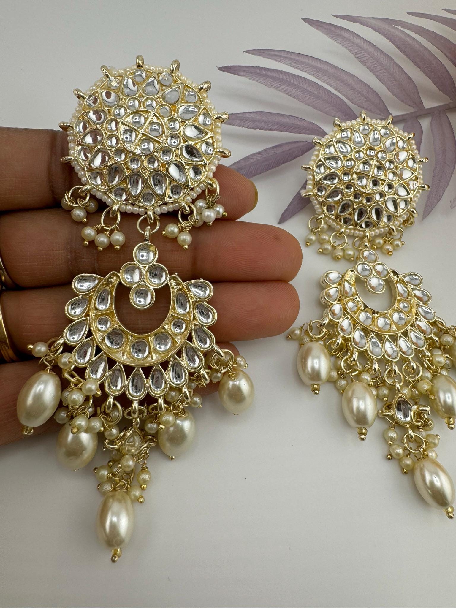 Uncut Kundan Big Chandbali earrings, stone and pearls/Kundan earring/Indian Earrings/Bridal Earring/Traditional earring/Statement earring
