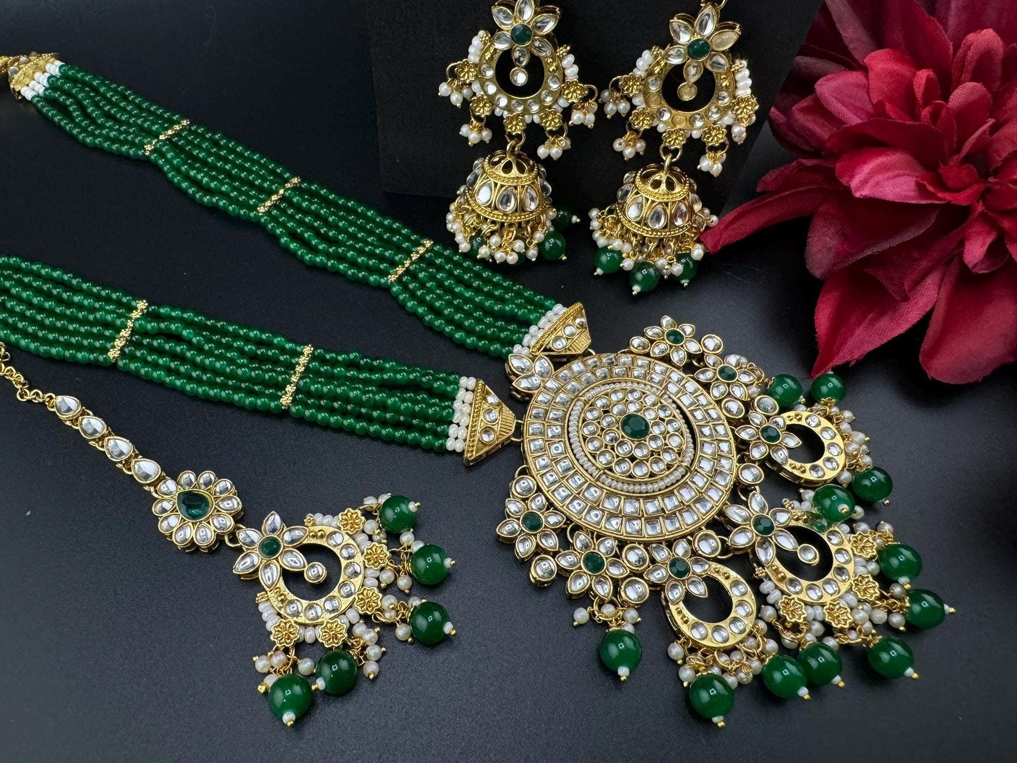 Kundan Bridal Long Necklace Set/High Quality Kundan set/Bridal Long necklace set with Long Jhumka and Tika/Bridal Jewelry/Indian Bridal set