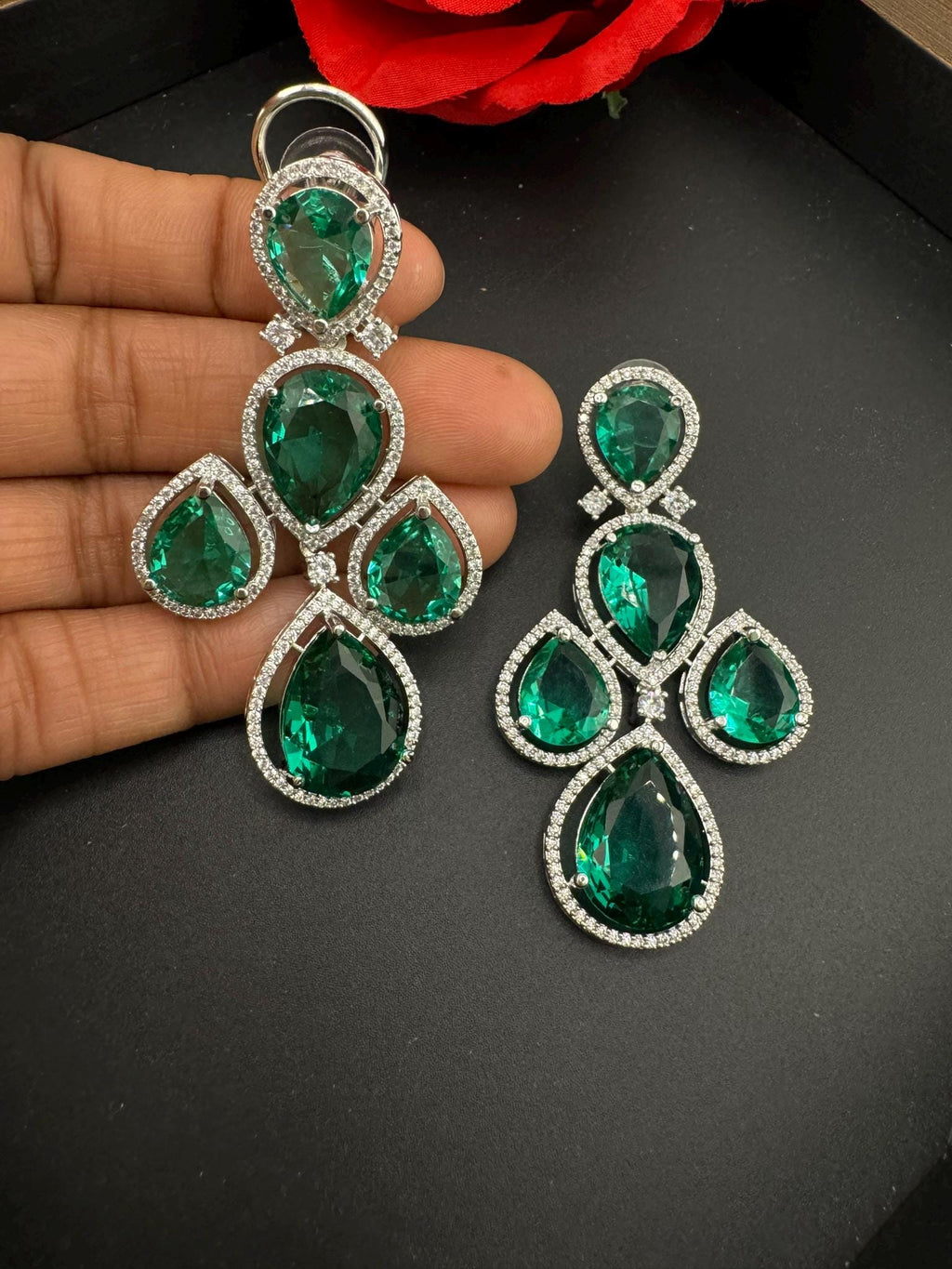 Premium Stones and Cubic Zirconia in unique drop style setting is a designer long earring/Indian earring/Bridal Jewelry/Swarovski Inspired