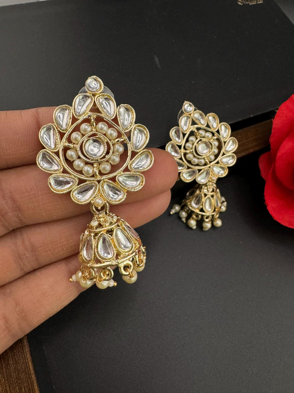 Uncut Kundan Jhumka, stone and pearls/Chandbali earring/Indian Earrings/Bridal Earring/Traditional earring/Statement earring/wedding jewelry