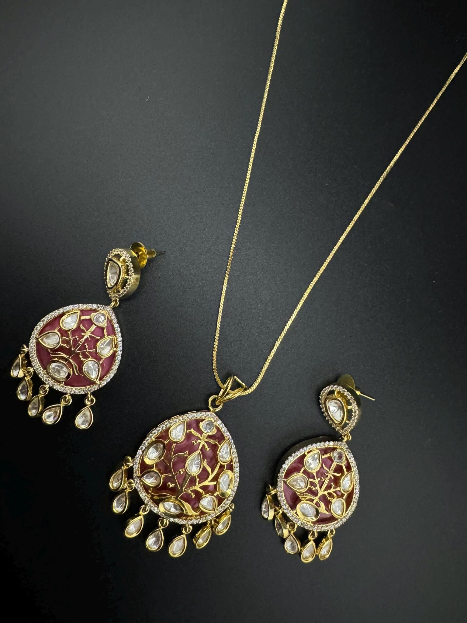 Tyaani Inspired Premium moissanite Kundan, CZ, MOP pendant set with Long dangling earrings/Indian jewelry/Premium Kundan/Bridesmaids gift