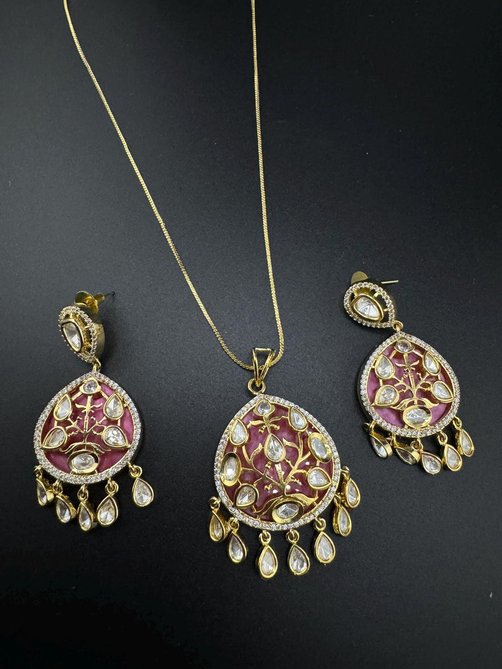 Tyaani Inspired Premium moissanite Kundan, CZ, MOP pendant set with Long dangling earrings/Indian jewelry/Premium Kundan/Bridesmaids gift