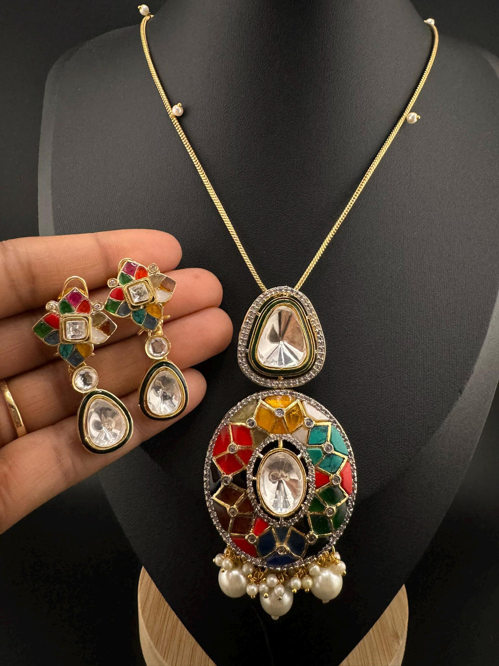 Premium Uncut moissanite Kundan, Enamel, MOP, CZ with long earrings is a Designer pendant set/Indian jewelry/Premium Kundan/Bridesmaid gift