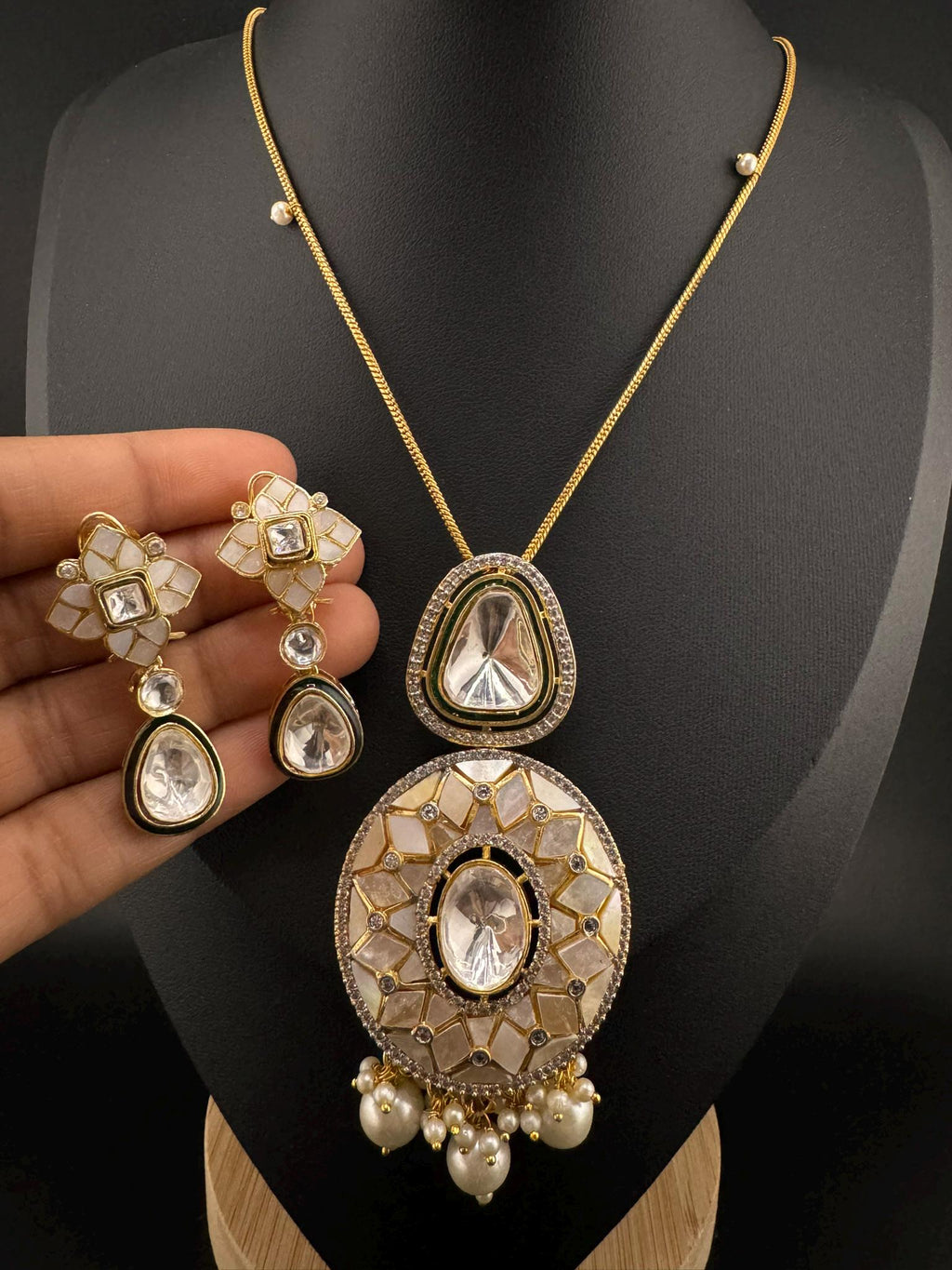 Premium Uncut moissanite Kundan, Enamel, MOP, CZ with long earrings is a Designer pendant set/Indian jewelry/Premium Kundan/Bridesmaid gift