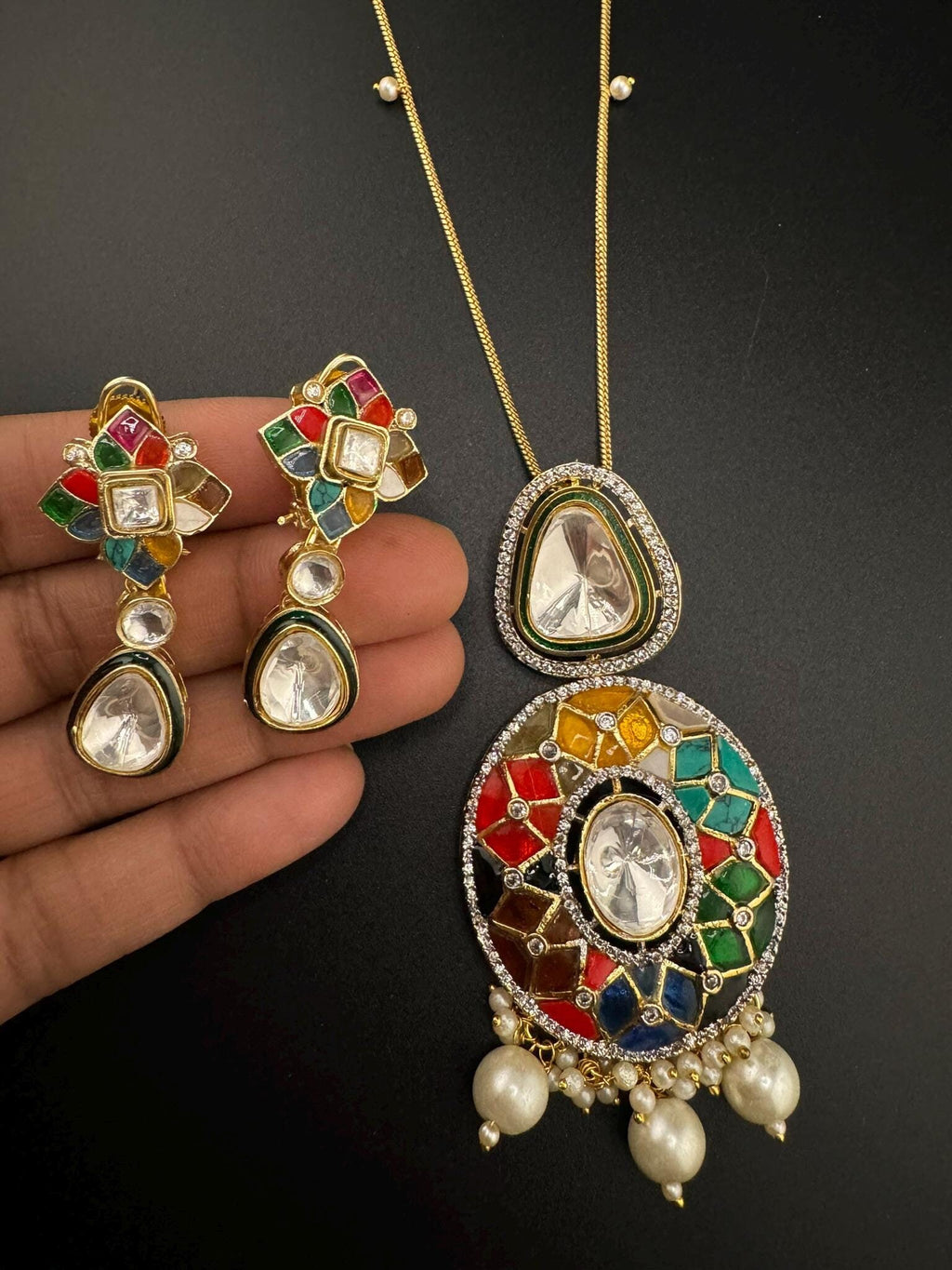 Premium Uncut moissanite Kundan, Enamel, MOP, CZ with long earrings is a Designer pendant set/Indian jewelry/Premium Kundan/Bridesmaid gift