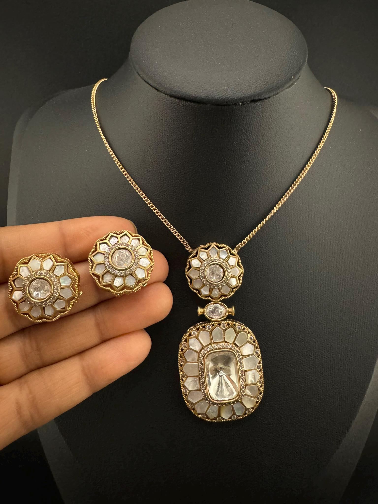 Premium Uncut moissanite, Pachi Kundan, MOP, CZ with Stud earrings is a Designer pendant set/Indian jewelry/Premium Kundan/Bridesmaid gift