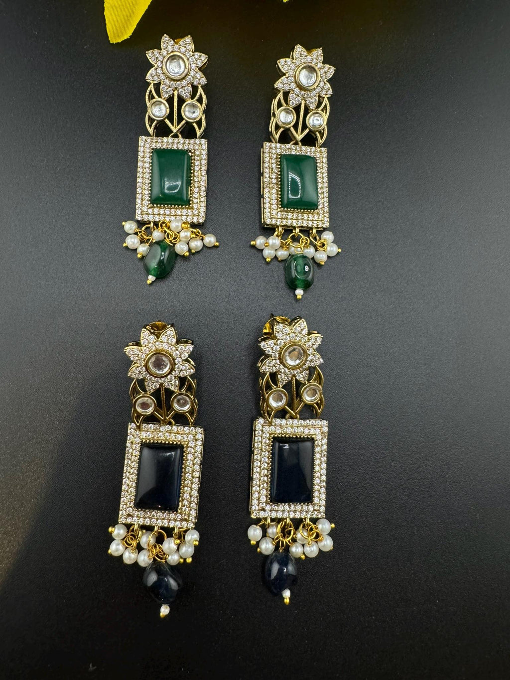 Premium natural stone, with Moissanite Kundan with CZ designer earring/Long Chandelier earring/Matt Gold Long Earring/Victorian polish