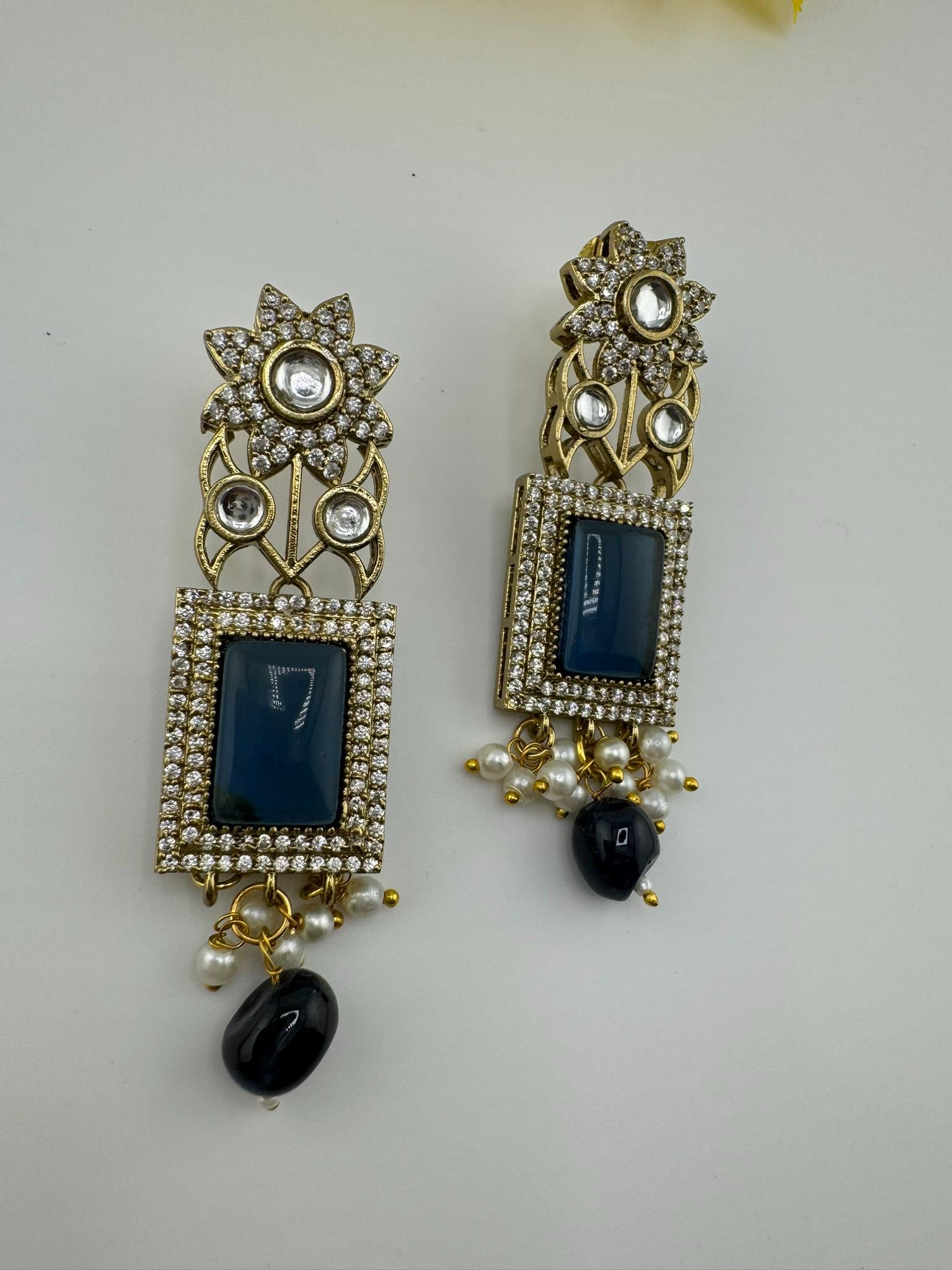 Premium natural stone, with Moissanite Kundan with CZ designer earring/Long Chandelier earring/Matt Gold Long Earring/Victorian polish