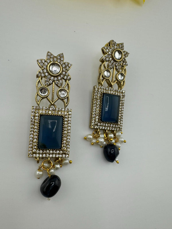 Premium natural stone, with Moissanite Kundan with CZ designer earring/Long Chandelier earring/Matt Gold Long Earring/Victorian polish