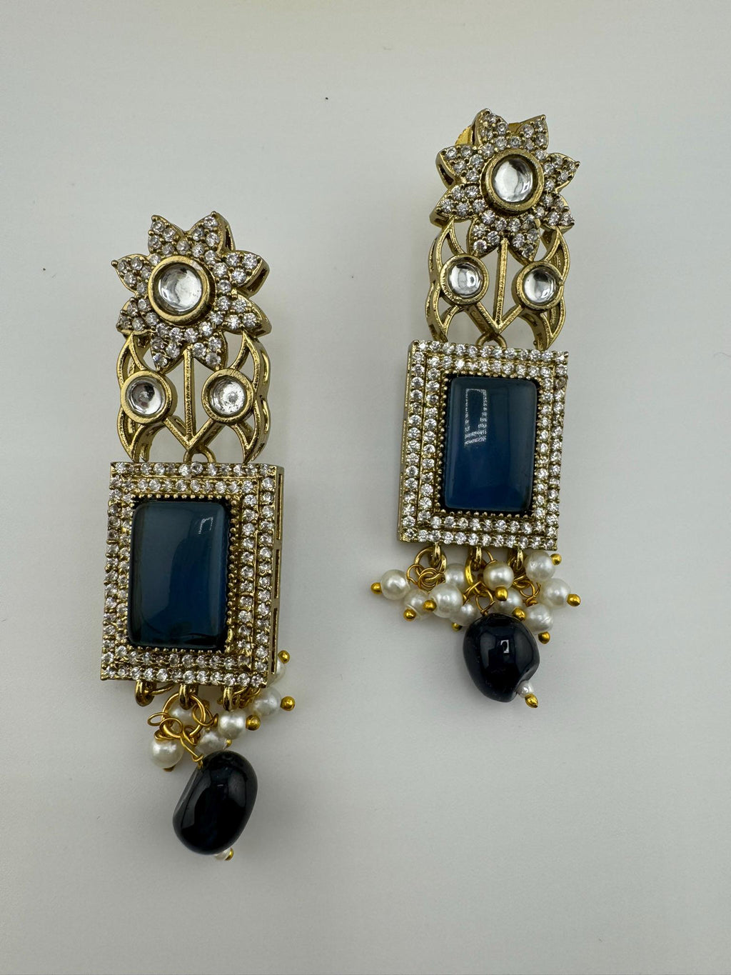 Premium natural stone, with Moissanite Kundan with CZ designer earring/Long Chandelier earring/Matt Gold Long Earring/Victorian polish