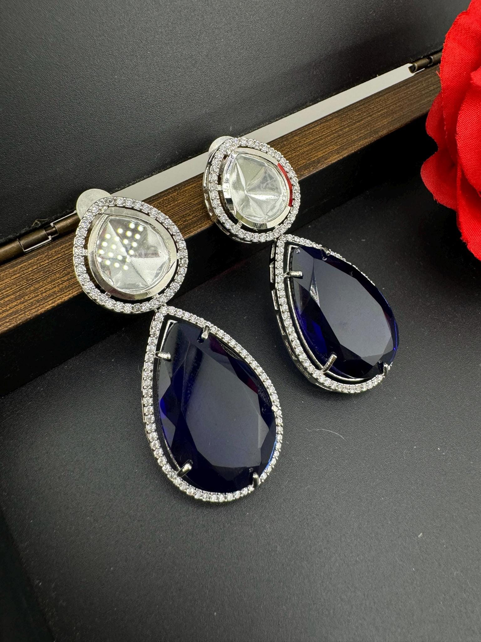 Premium Uncut Kundan, Crystal, Cubic Zirconia in unique style setting is a designer earring/Indian earring/Bridal Jewelry/Long dangler