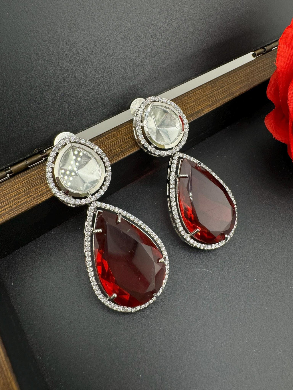 Premium Uncut Kundan, Crystal, Cubic Zirconia in unique style setting is a designer earring/Indian earring/Bridal Jewelry/Long dangler