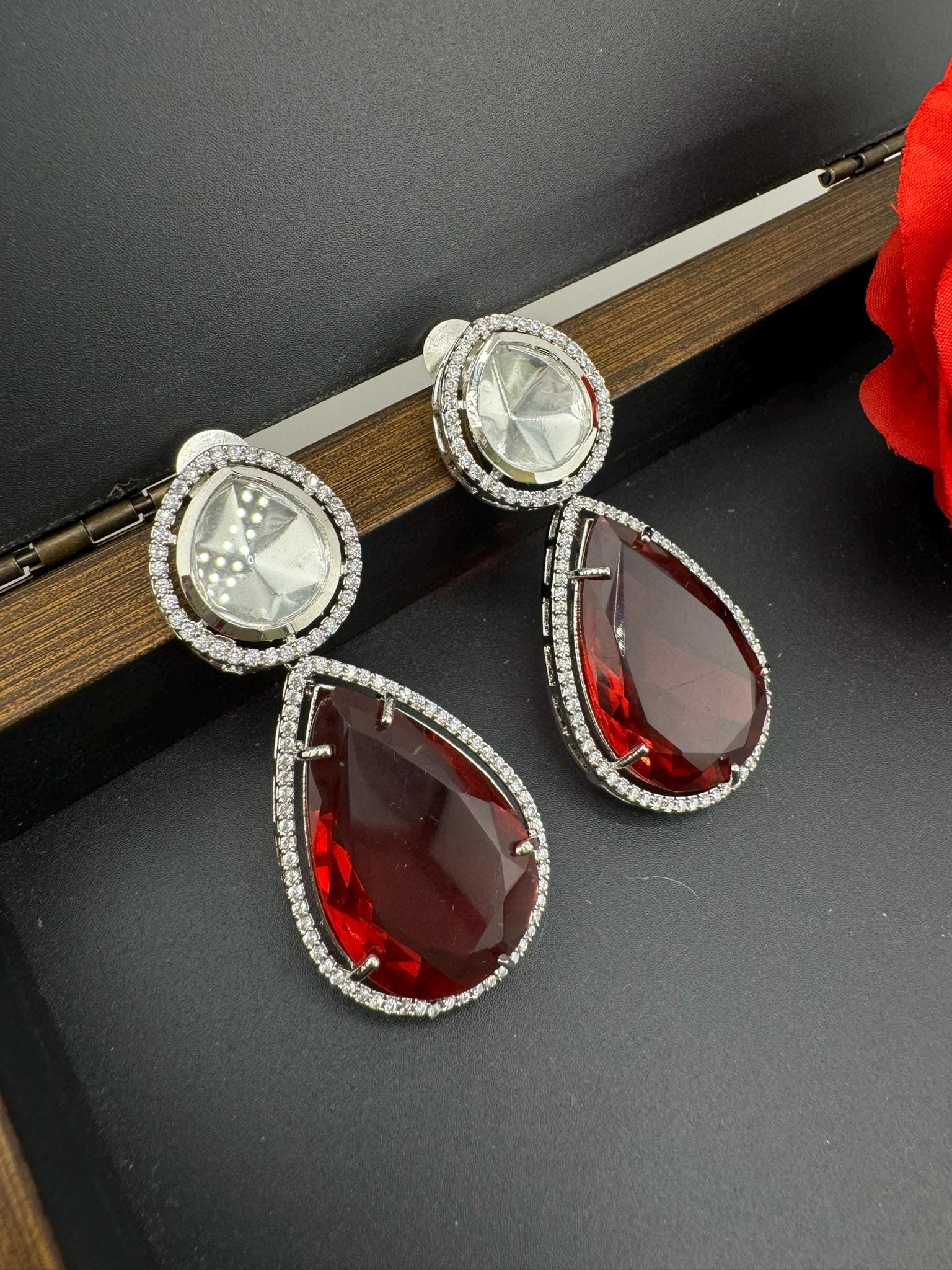 Premium Uncut Kundan, Crystal, Cubic Zirconia in unique style setting is a designer earring/Indian earring/Bridal Jewelry/Long dangler