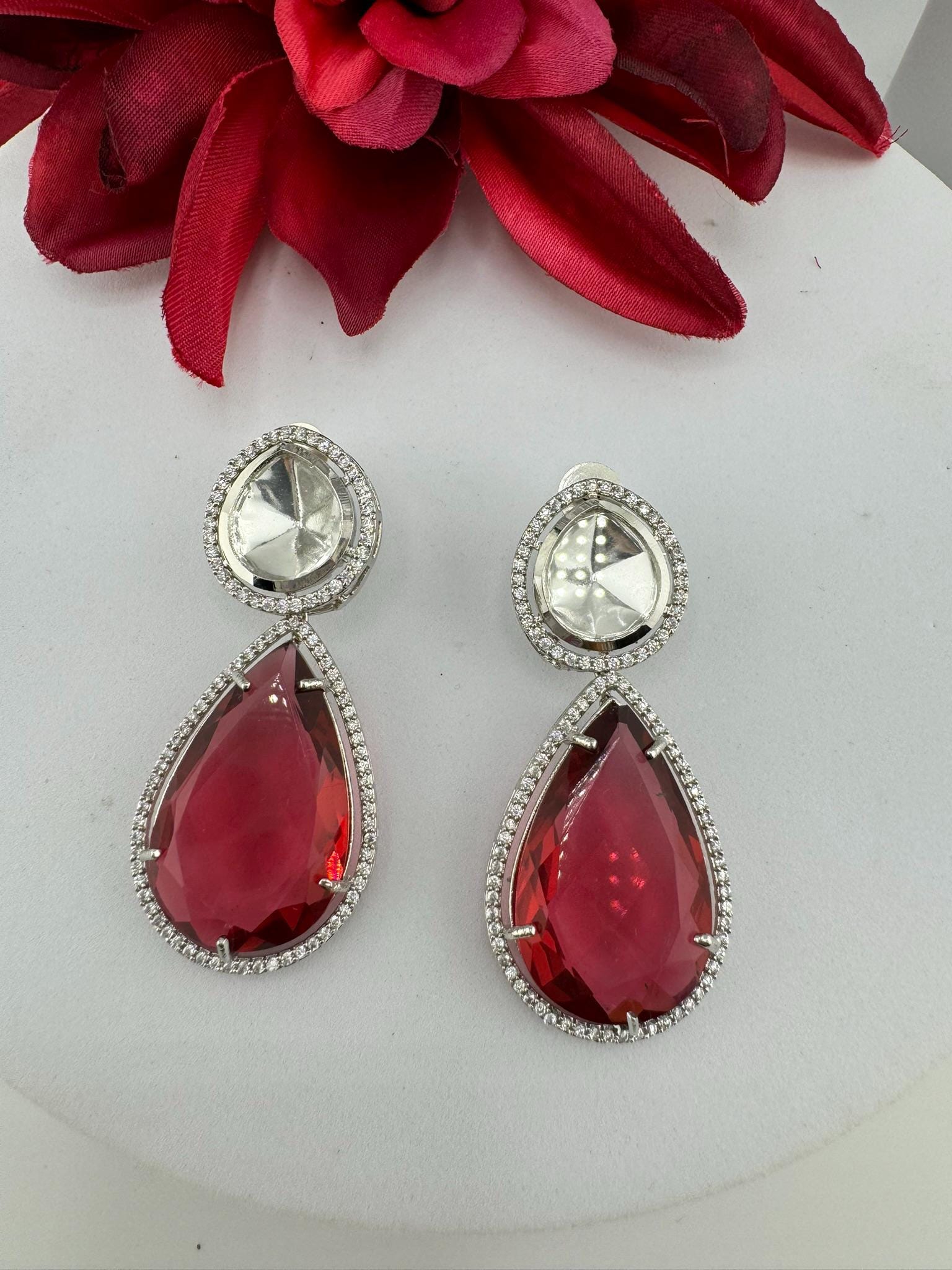 Premium Uncut Kundan, Crystal, Cubic Zirconia in unique style setting is a designer earring/Indian earring/Bridal Jewelry/Long dangler