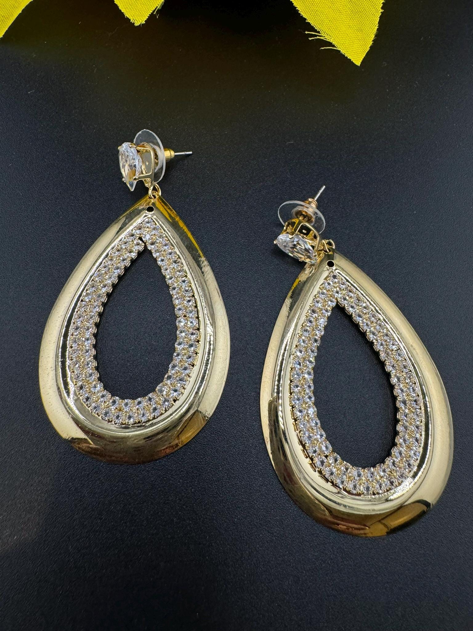 Shiny Gold and Cubic Zirconia earrings in unique sleek Oval design/Statement earrings/everyday jewelry/Indian Earrings/lightweight earrings