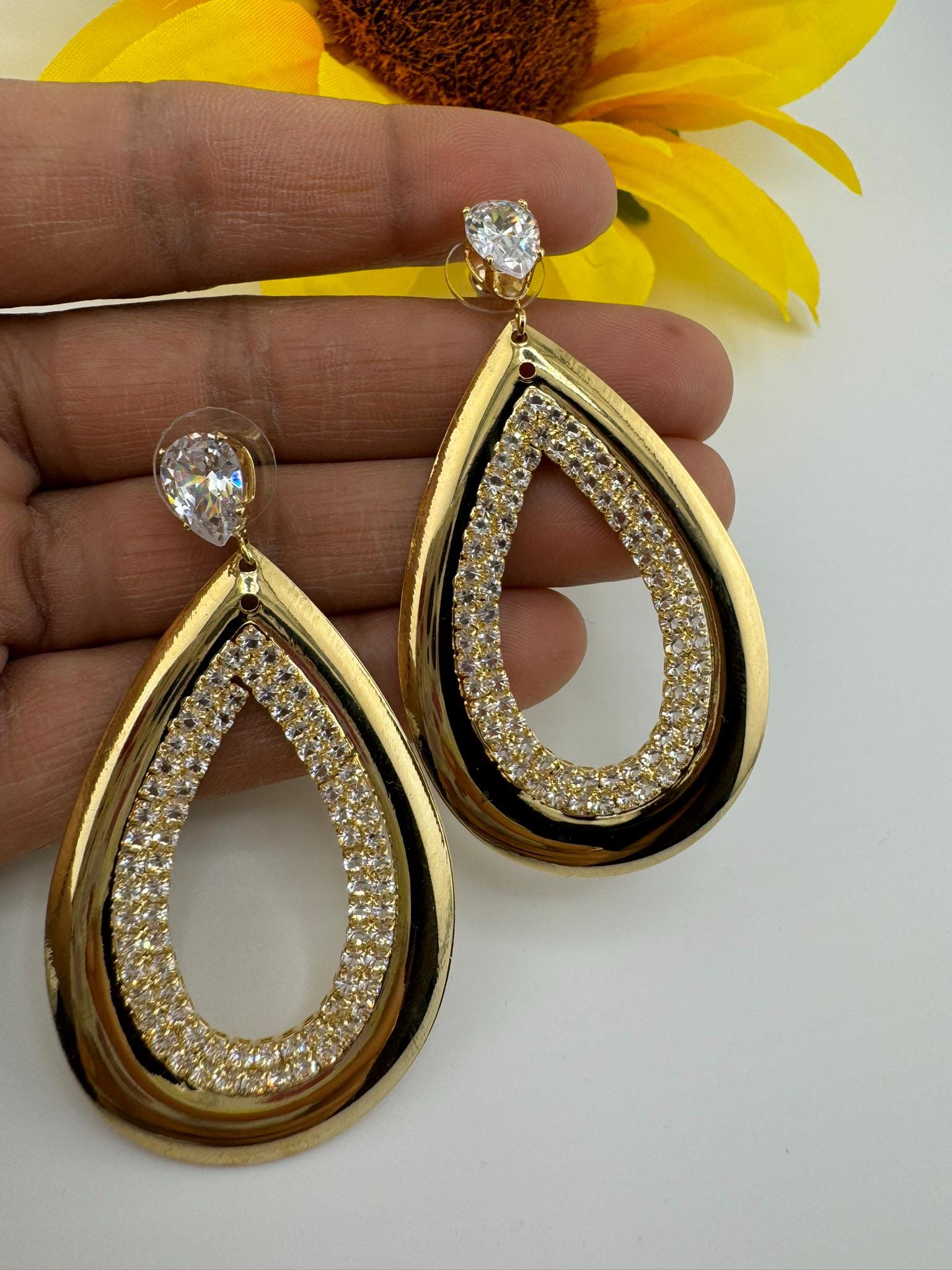 Shiny Gold and Cubic Zirconia earrings in unique sleek Oval design/Statement earrings/everyday jewelry/Indian Earrings/lightweight earrings