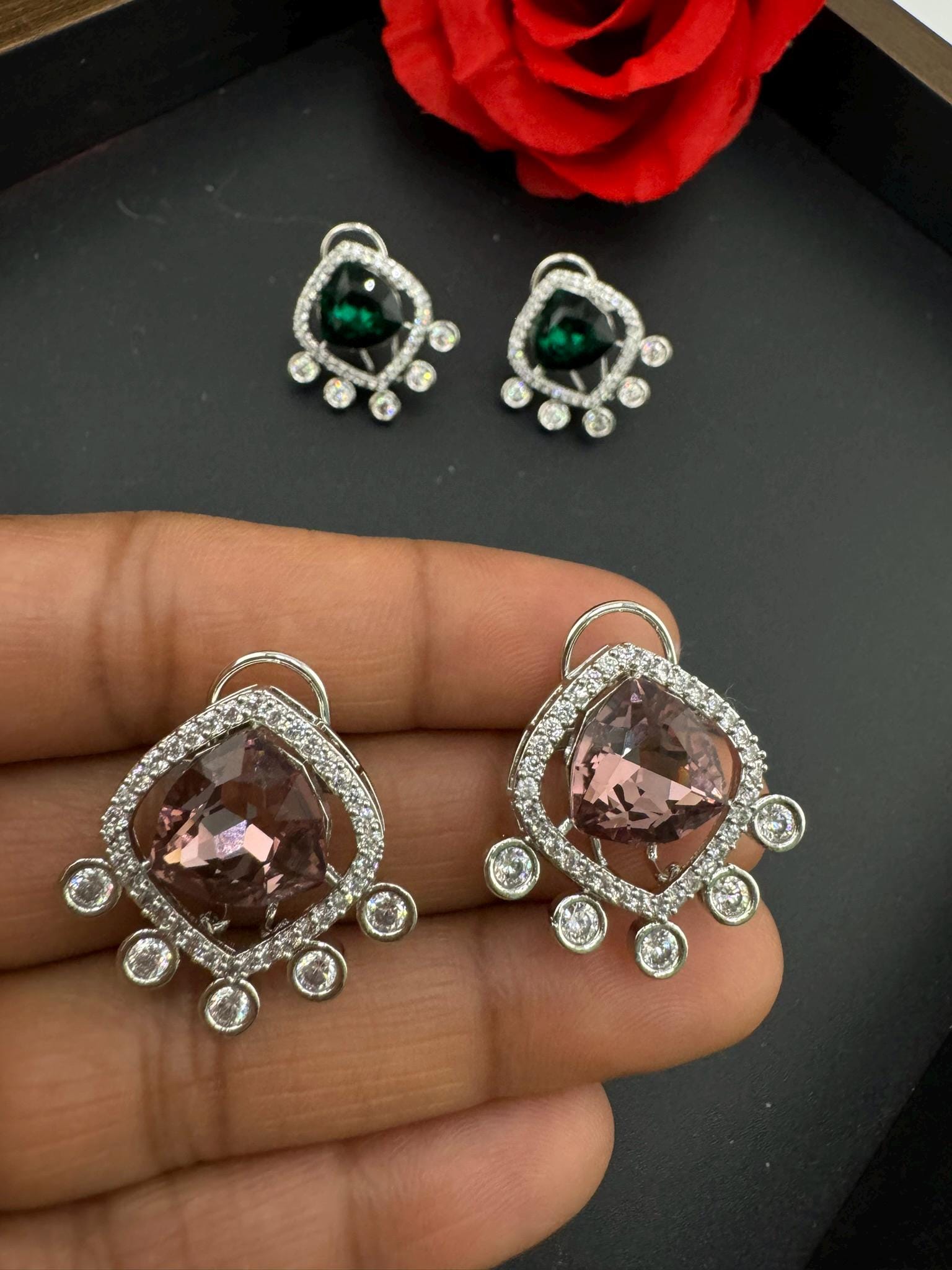 Premium Swarovski Crystal and Cubic Zirconia Studs is a designer earring with back support/Indian earring/Bridal Jewelry/Swarovski Inspired