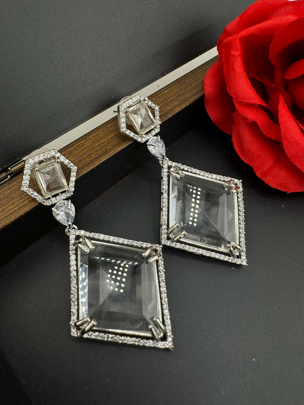 Unique clear Crystal, Stones, Cubic Zirconia in unique Diamond dangle long earring/Indian earring/Bridal Jewelry/Long dangler/lightweight