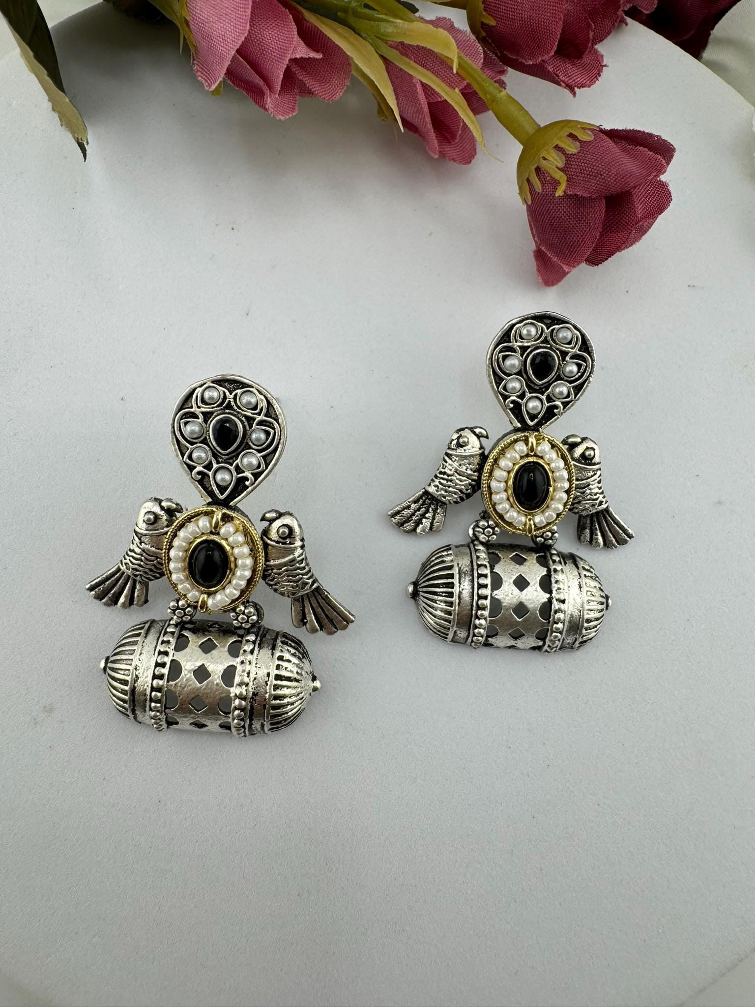 Premium Oxidized German silver earring with stones/Oxidized silver earring/Statement Boho Earring/everyday Indian jewelry/Ethnic Earring
