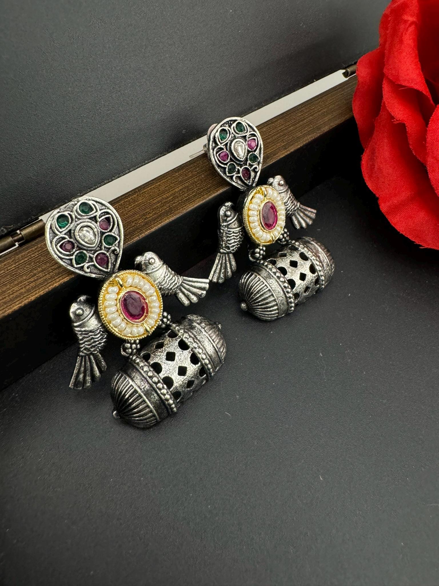 Premium Oxidized German silver earring with stones/Oxidized silver earring/Statement Boho Earring/everyday Indian jewelry/Ethnic Earring