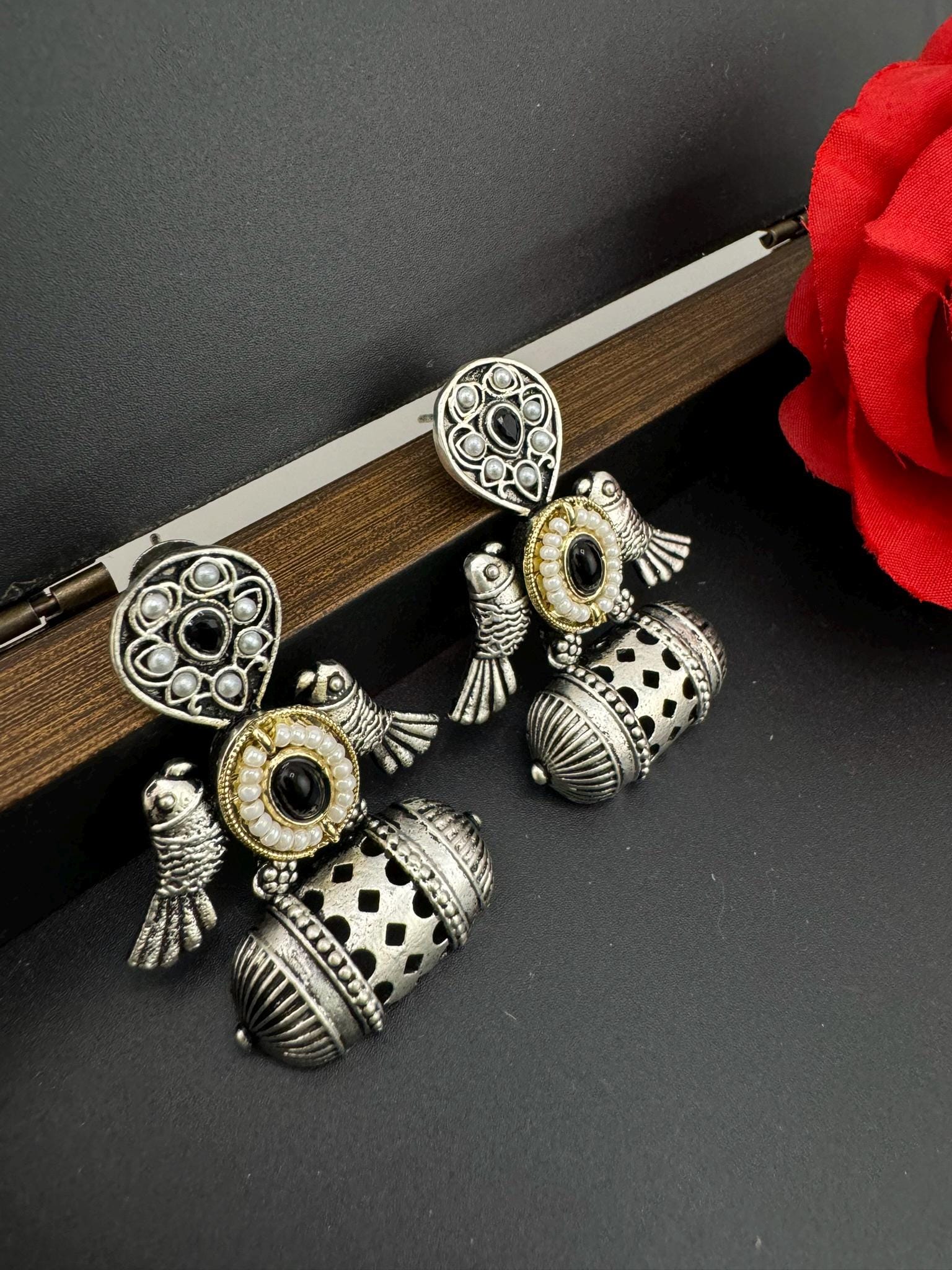 Premium Oxidized German silver earring with stones/Oxidized silver earring/Statement Boho Earring/everyday Indian jewelry/Ethnic Earring