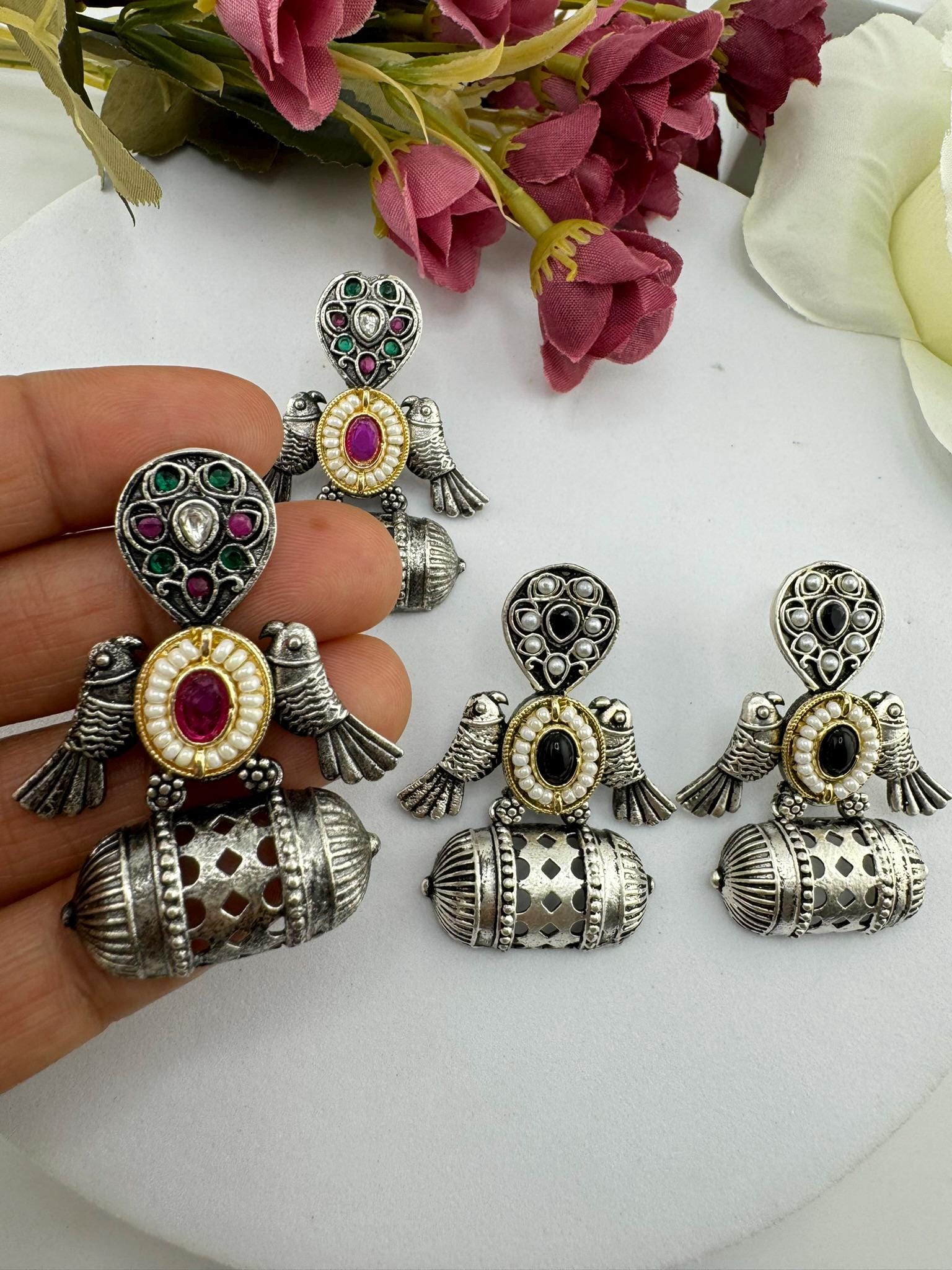 Premium Oxidized German silver earring with stones/Oxidized silver earring/Statement Boho Earring/everyday Indian jewelry/Ethnic Earring