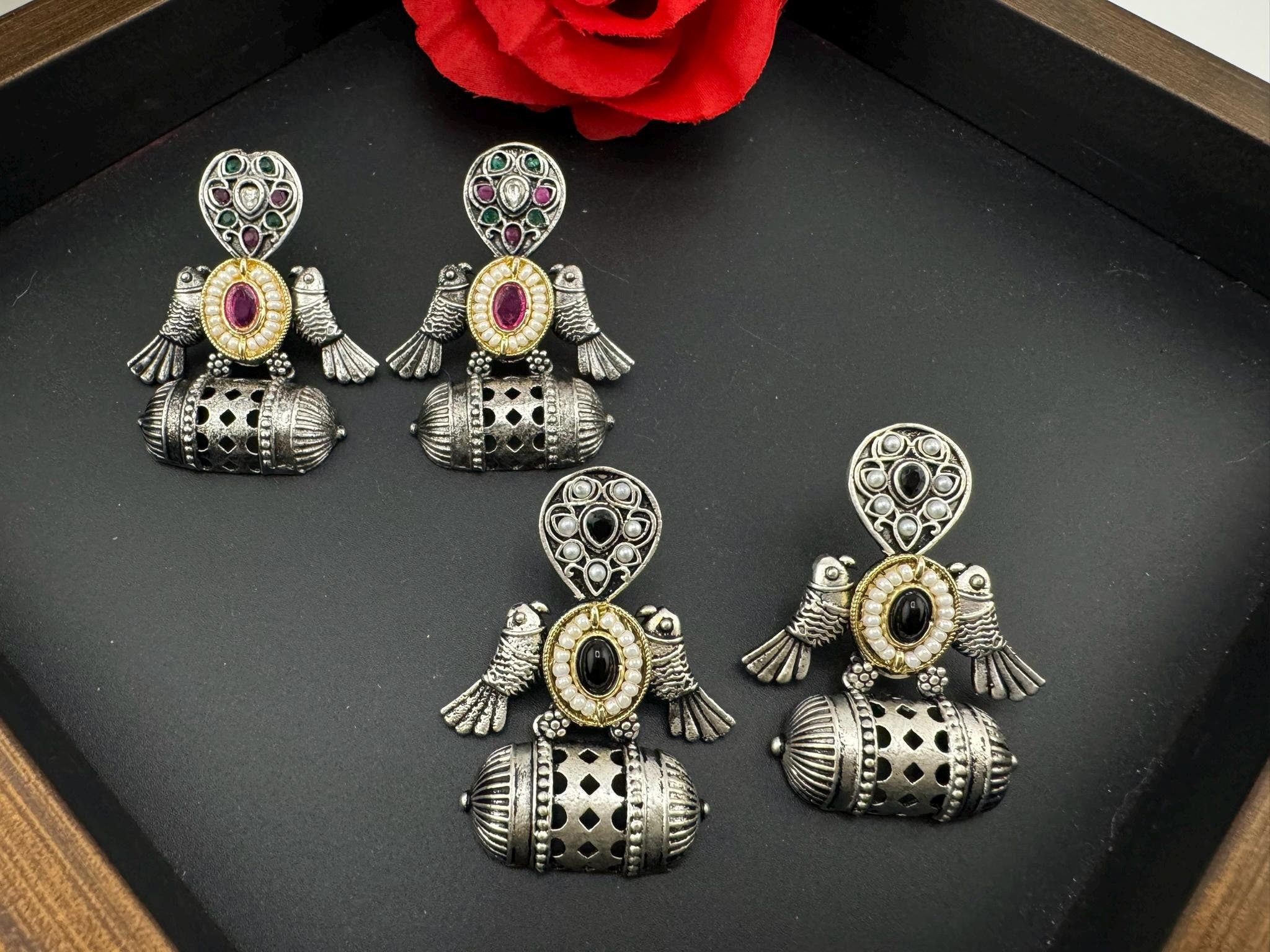 Premium Oxidized German silver earring with stones/Oxidized silver earring/Statement Boho Earring/everyday Indian jewelry/Ethnic Earring