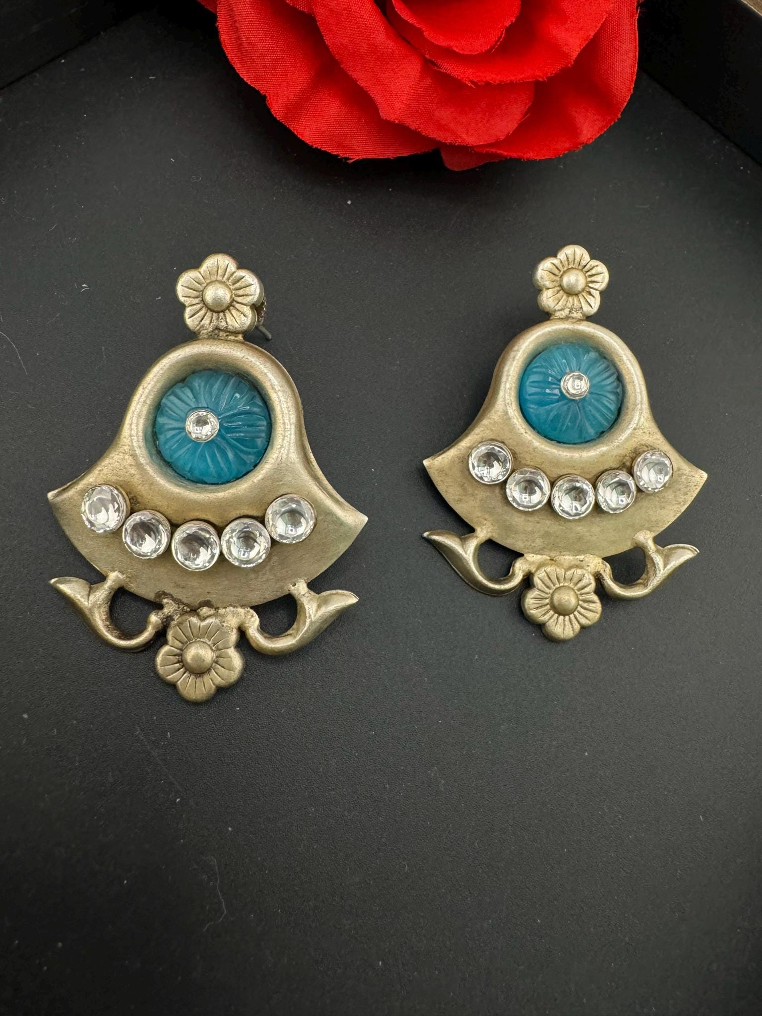 Premium Oxidized German silver earring with CZ, stones/Oxidized silver earring/Statement Boho Earring/everyday Indian jewelry/Ethnic Earring