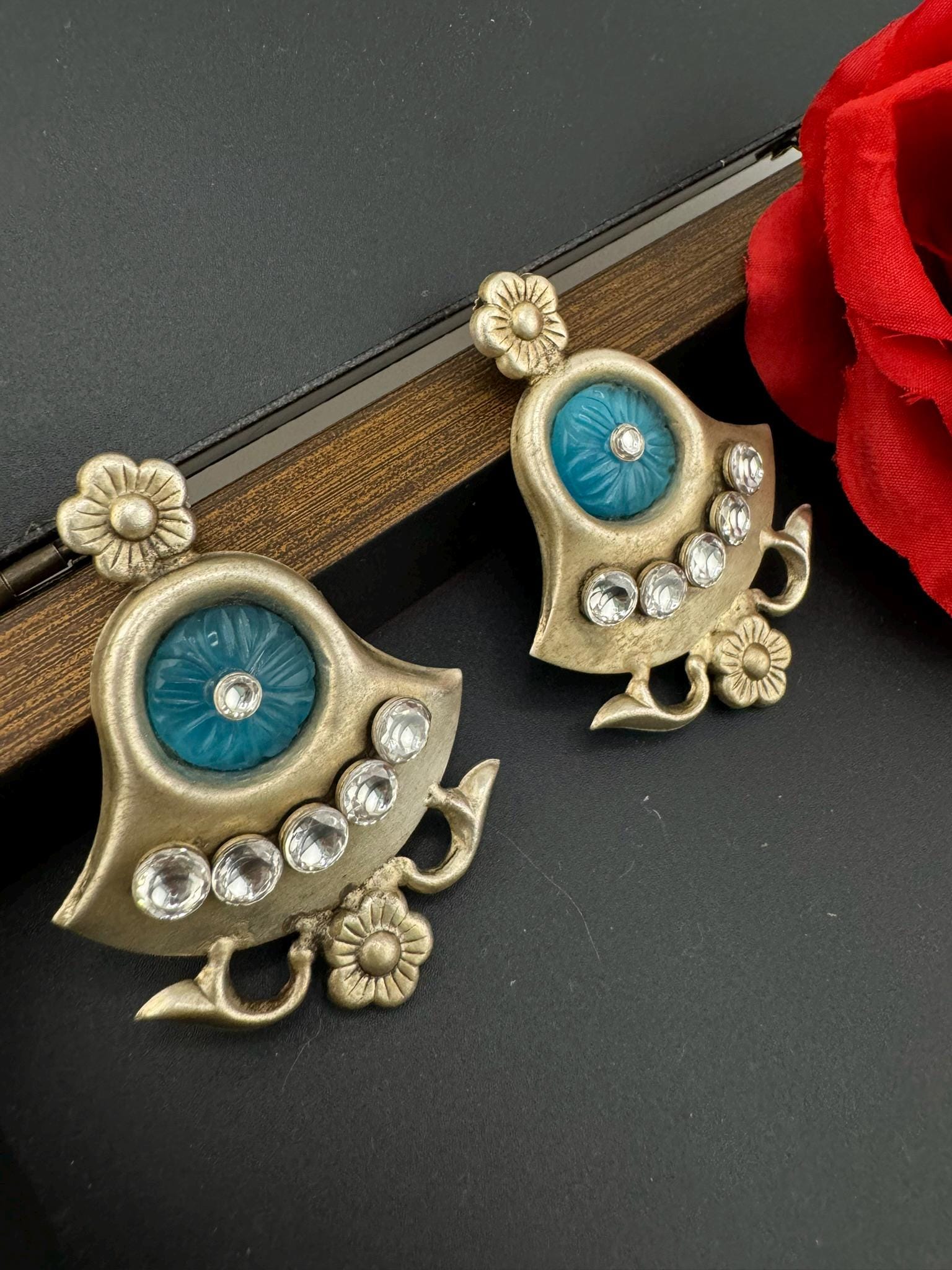 Premium Oxidized German silver earring with CZ, stones/Oxidized silver earring/Statement Boho Earring/everyday Indian jewelry/Ethnic Earring