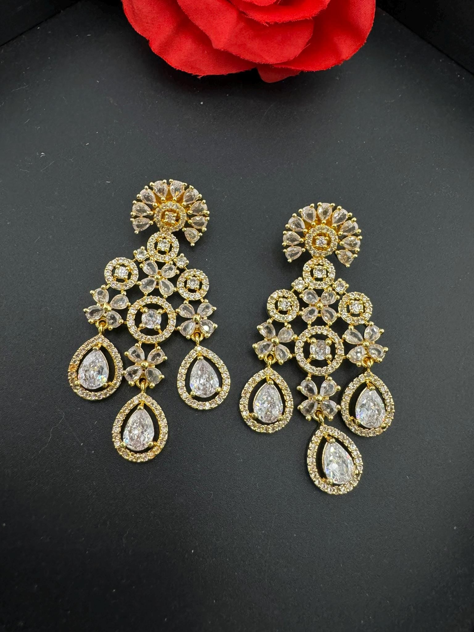 Long Cubic Zirconia Chandbali earring with stone/Gold earring/CZ earring/Statement Indian Earring/Bridal Earring/American Diamond chandelier