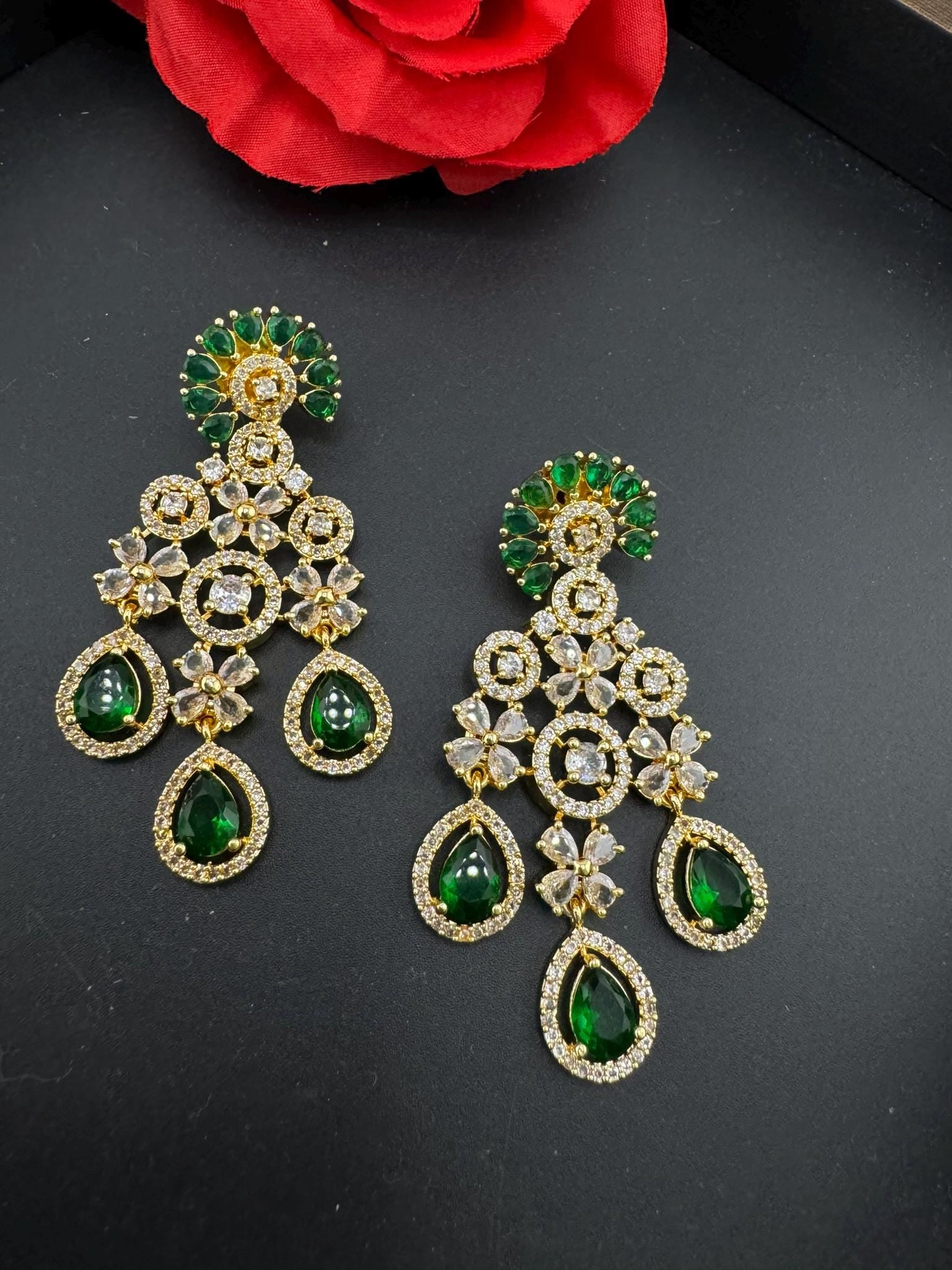 Long Cubic Zirconia Chandbali earring with stone/Gold earring/CZ earring/Statement Indian Earring/Bridal Earring/American Diamond chandelier