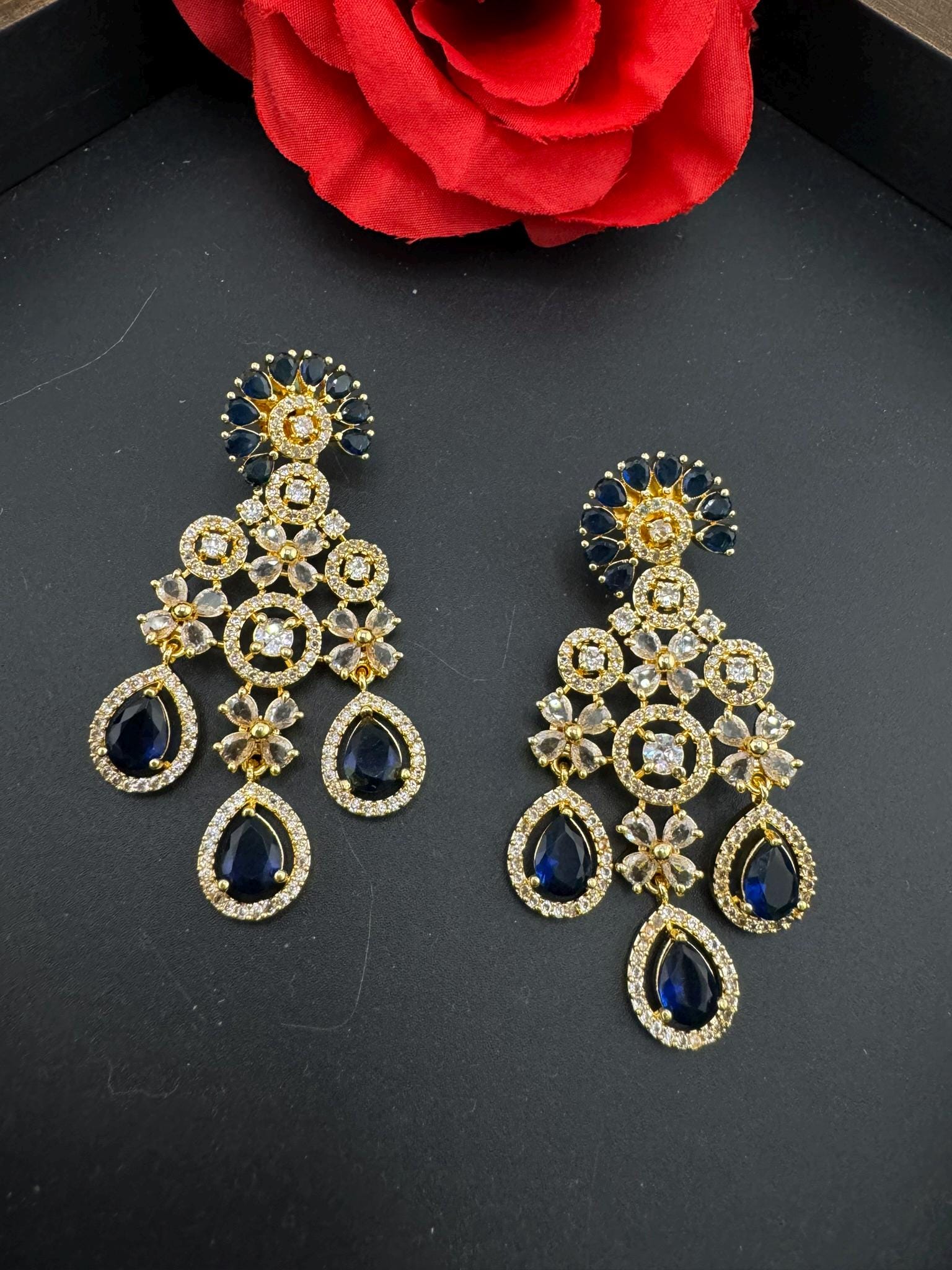 Long Cubic Zirconia Chandbali earring with stone/Gold earring/CZ earring/Statement Indian Earring/Bridal Earring/American Diamond chandelier