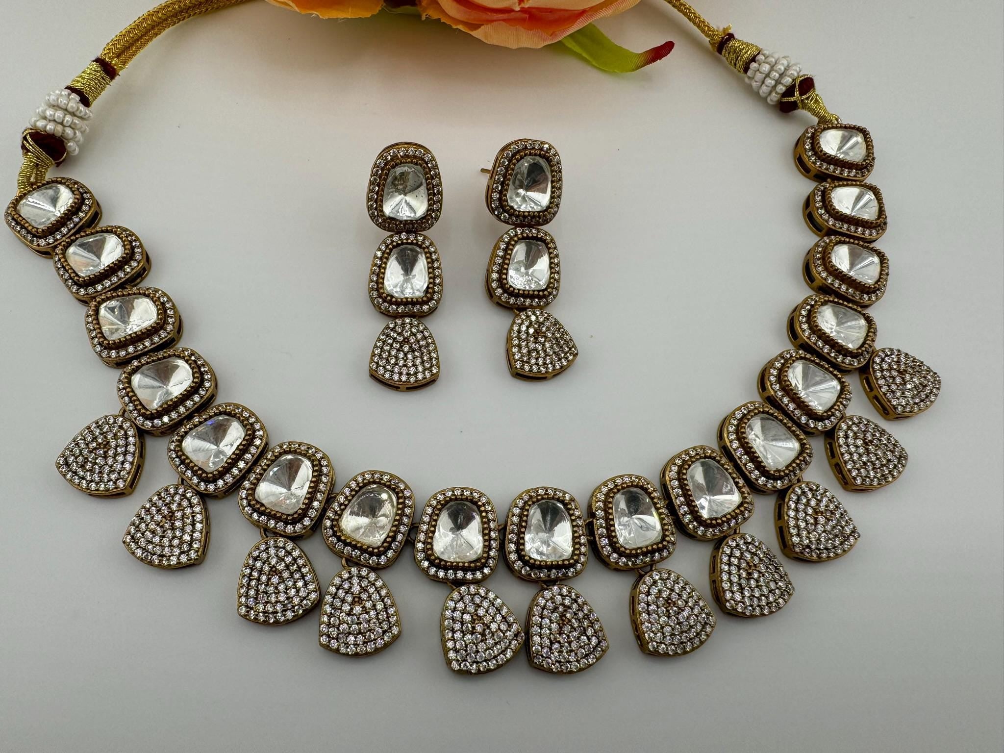 Premium Quality Moissanite uncut Kundan, AD/CZ Matt Gold Necklace with long earring/Indian jewelry/Necklace set/Bridesmaids gift/Victorian