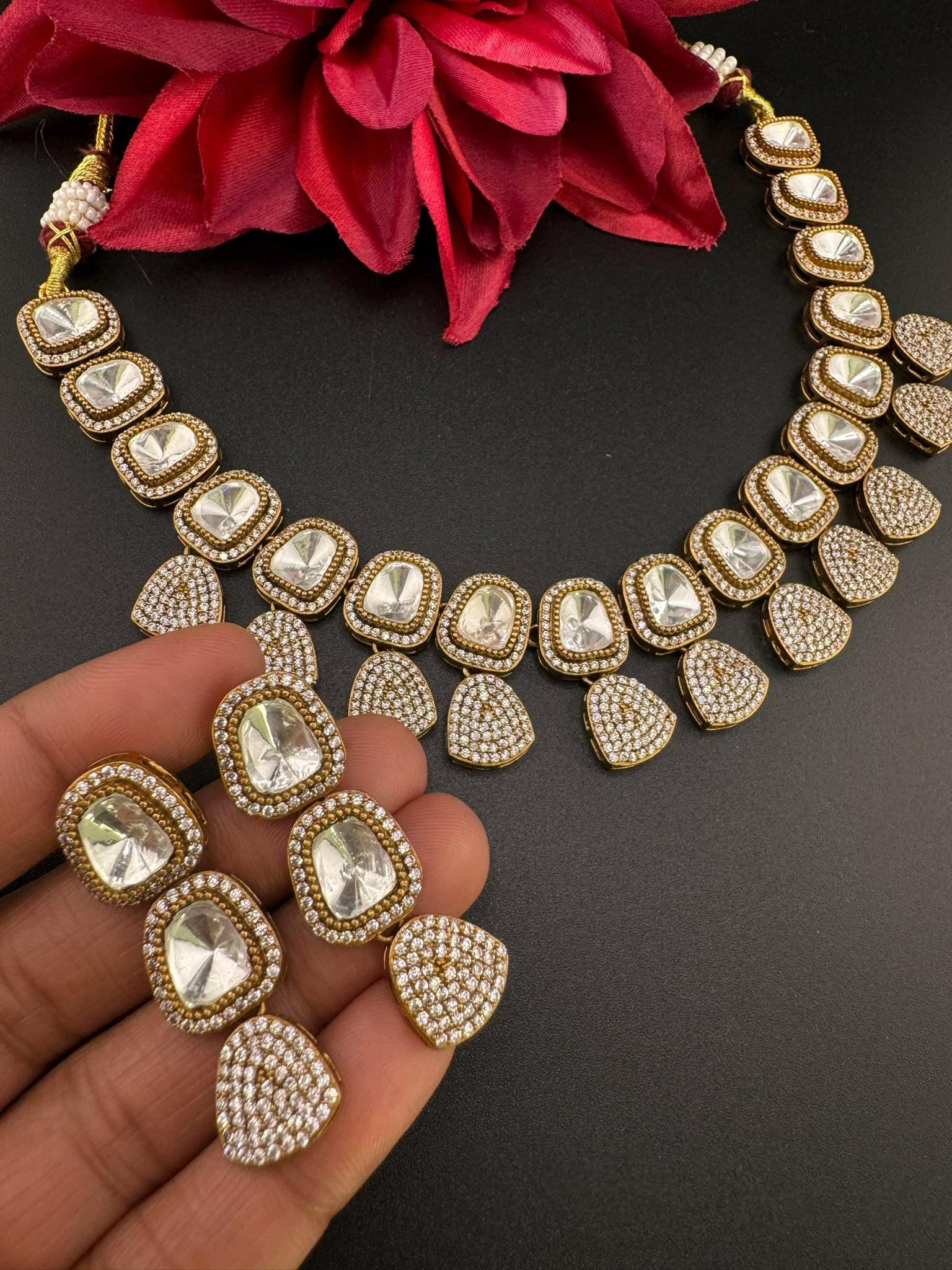 Premium Quality Moissanite uncut Kundan, AD/CZ Matt Gold Necklace with long earring/Indian jewelry/Necklace set/Bridesmaids gift/Victorian