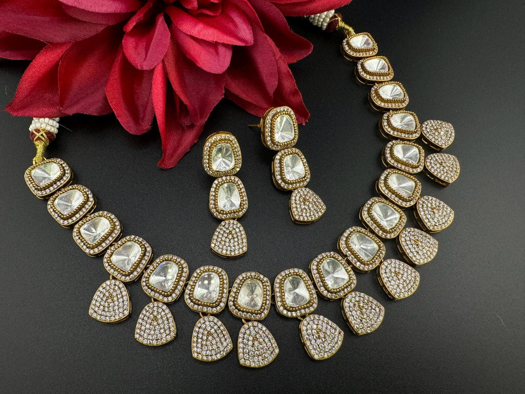 Premium Quality Moissanite uncut Kundan, AD/CZ Matt Gold Necklace with long earring/Indian jewelry/Necklace set/Bridesmaids gift/Victorian