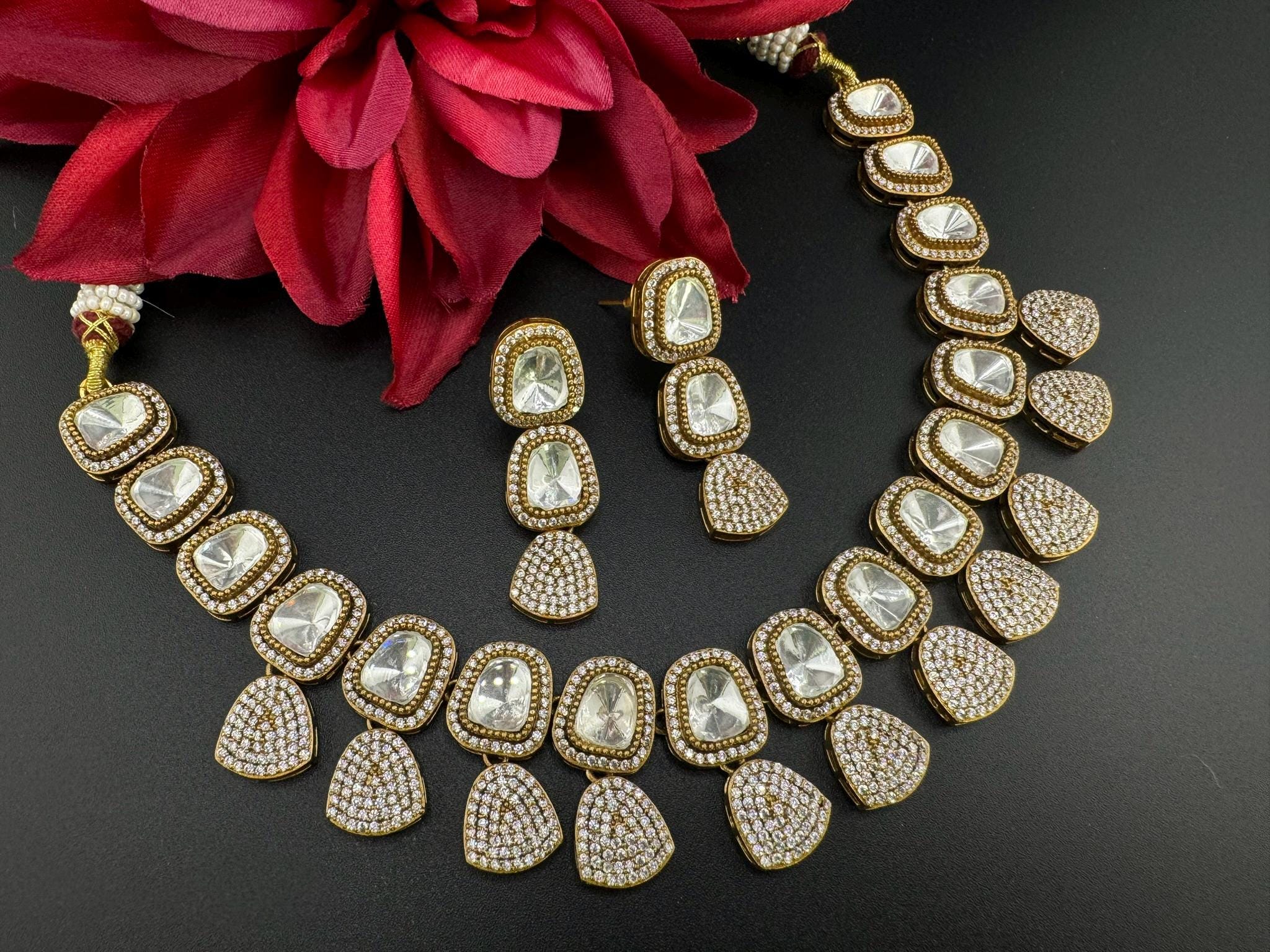 Premium Quality Moissanite uncut Kundan, AD/CZ Matt Gold Necklace with long earring/Indian jewelry/Necklace set/Bridesmaids gift/Victorian