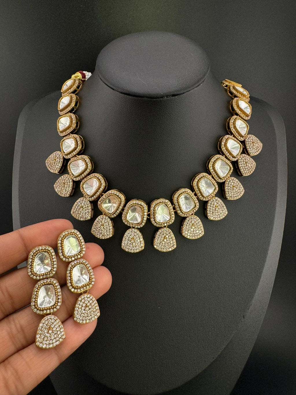 Premium Quality Moissanite uncut Kundan, AD/CZ Matt Gold Necklace with long earring/Indian jewelry/Necklace set/Bridesmaids gift/Victorian