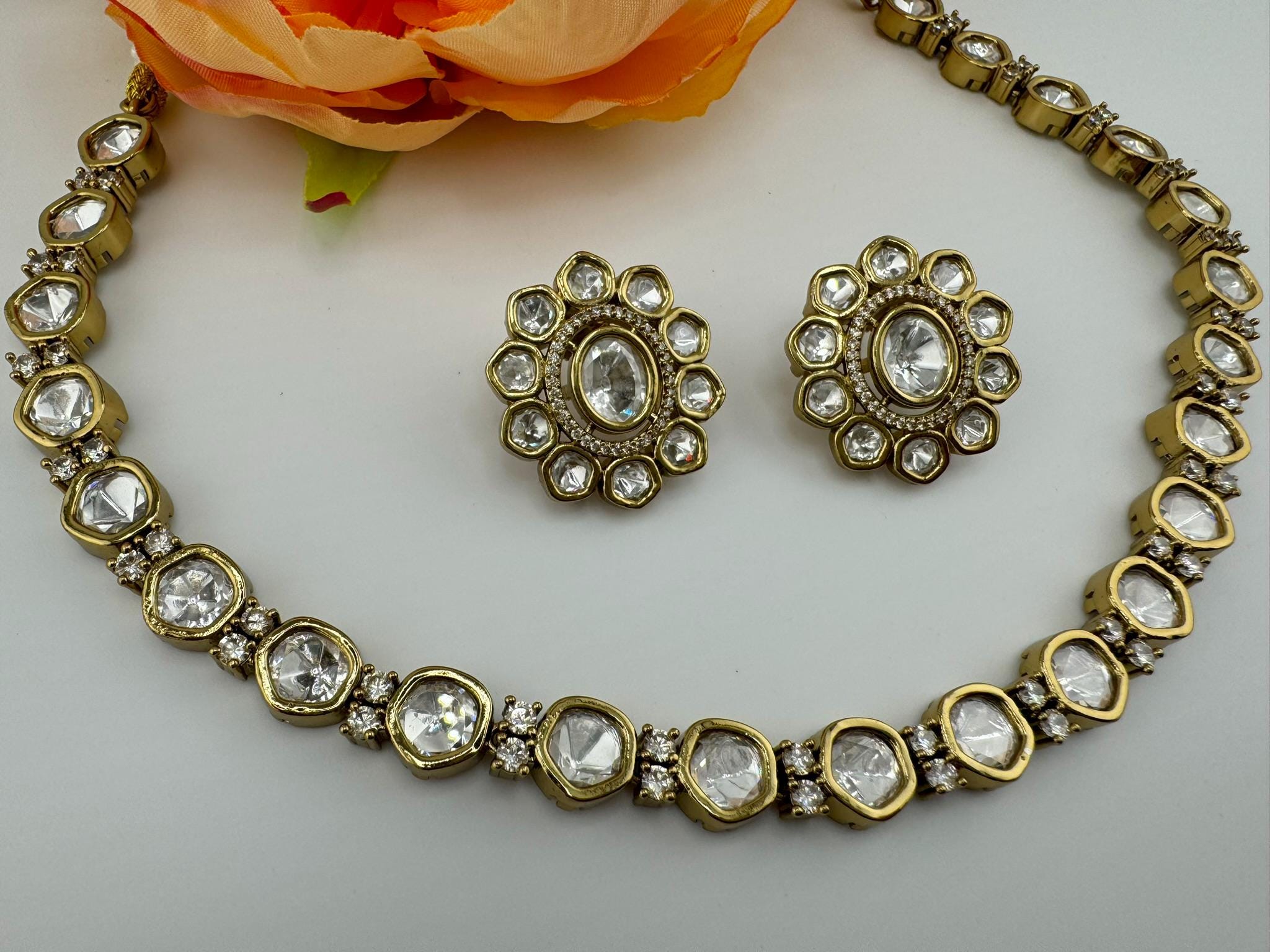 HOT SELLER!!! Premium Quality Moissanite Kundan is Tyaani inspired Designer Necklace set with Stud earring/Indian jewelry/Bridal/Bridesmaids