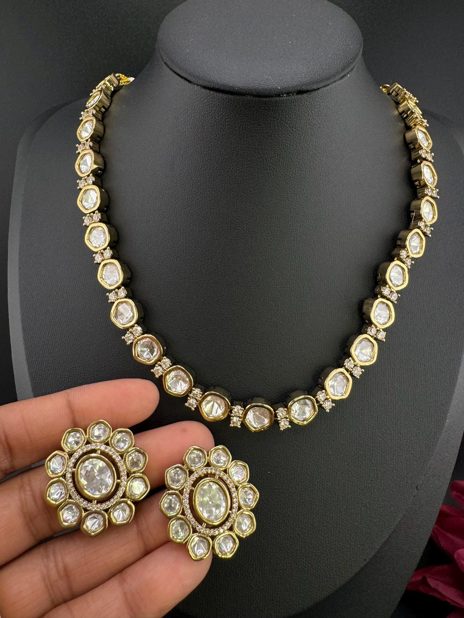 HOT SELLER!!! Premium Quality Moissanite Kundan is Tyaani inspired Designer Necklace set with Stud earring/Indian jewelry/Bridal/Bridesmaids