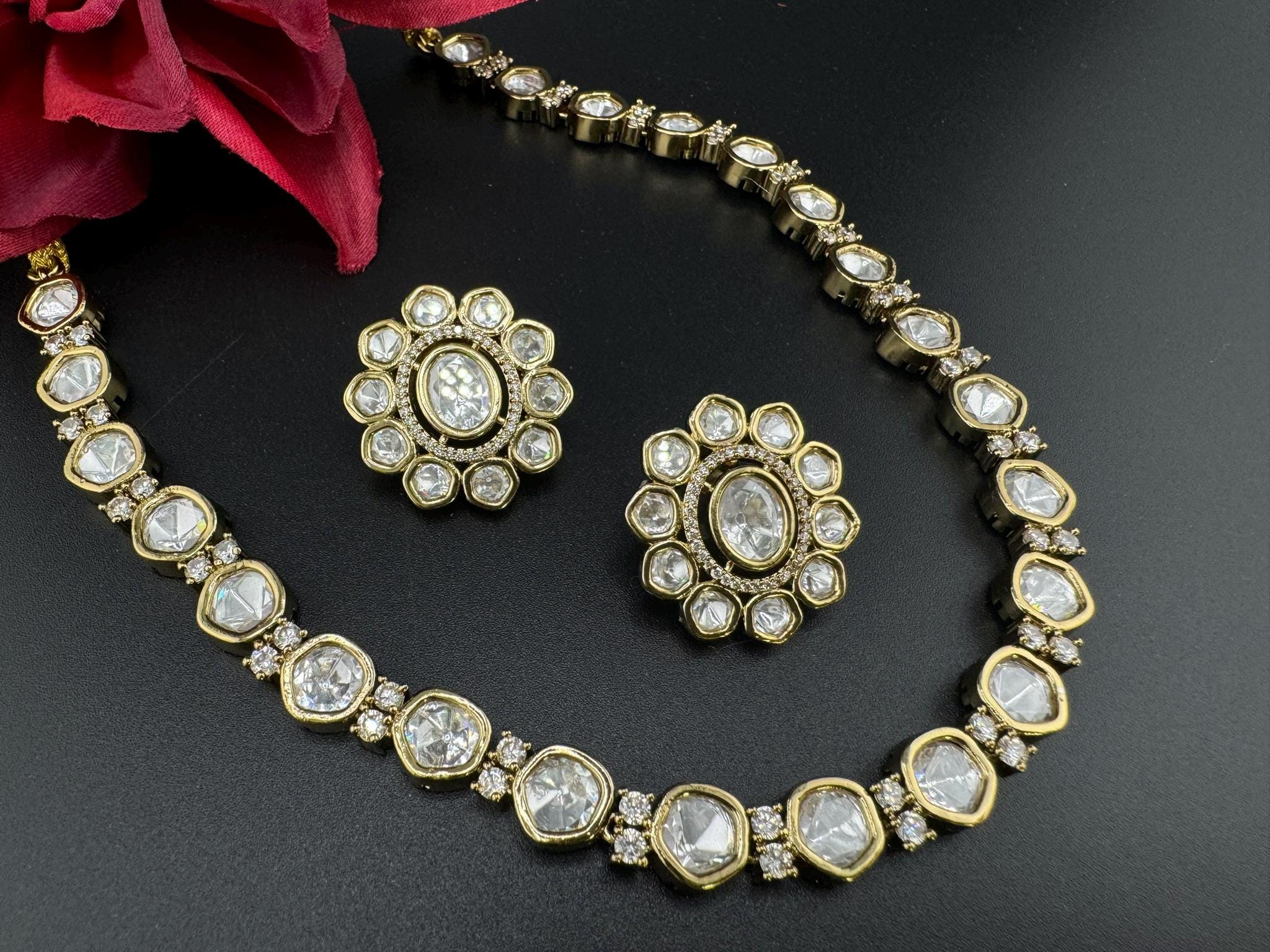 HOT SELLER!!! Premium Quality Moissanite Kundan is Tyaani inspired Designer Necklace set with Stud earring/Indian jewelry/Bridal/Bridesmaids